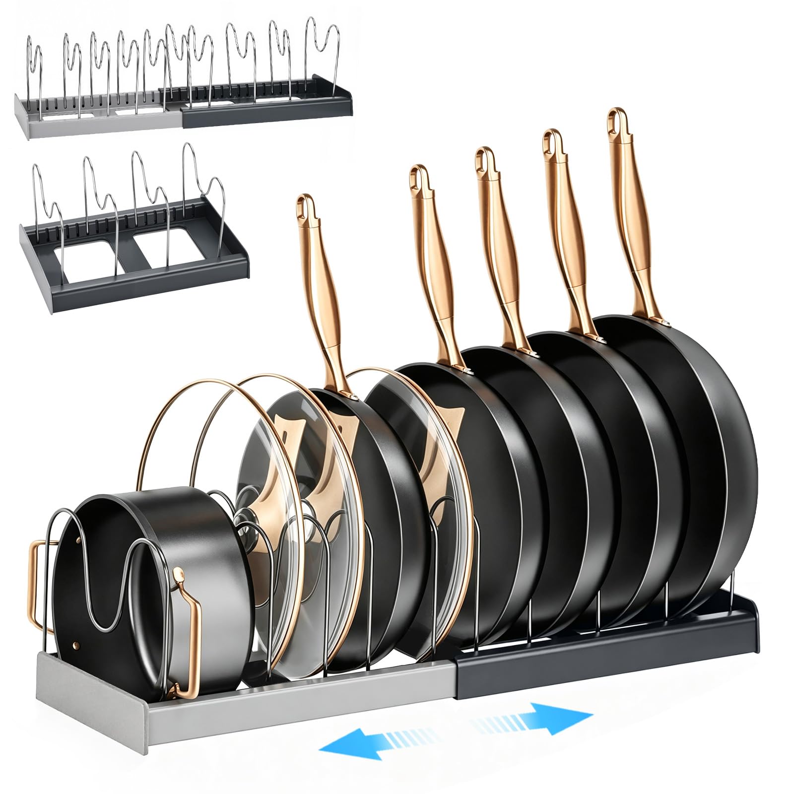 Porta Coperchi Pentole, Organizer Padelle, con 10 Scomparti Regolabili, Stendibile, Allungabile, Antiscivolo, ABS + Acciaio Inossidabile Spesso, per utensili da Cucina, Pentole, Coperchi