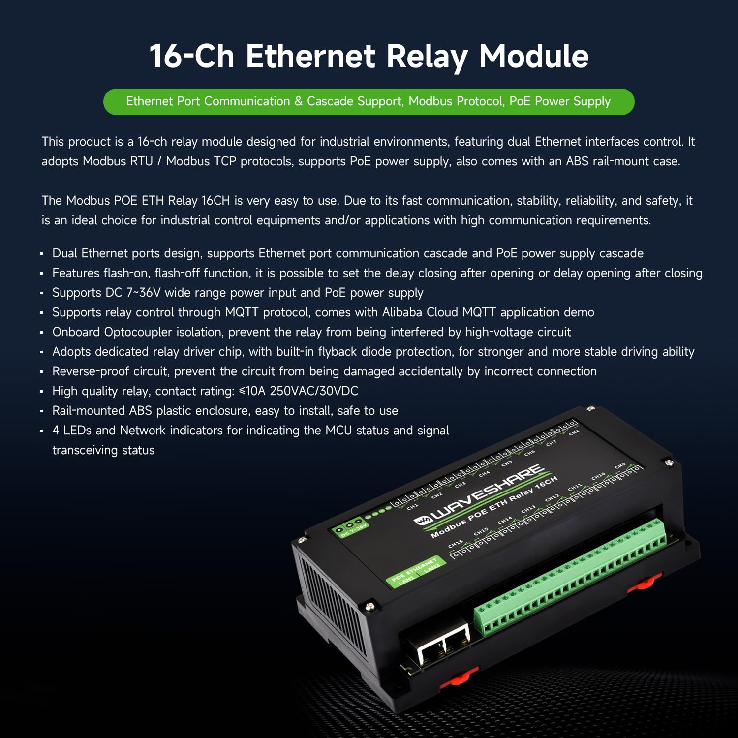 Waveshare 16-Ch Ethernet Relay Module, Modbus RTU/Modbus TCP Protocol, Ethernet Communication, Support PoE, Various Isolation & Protection Circuits, Industrial Grade Rail-Mount Case
