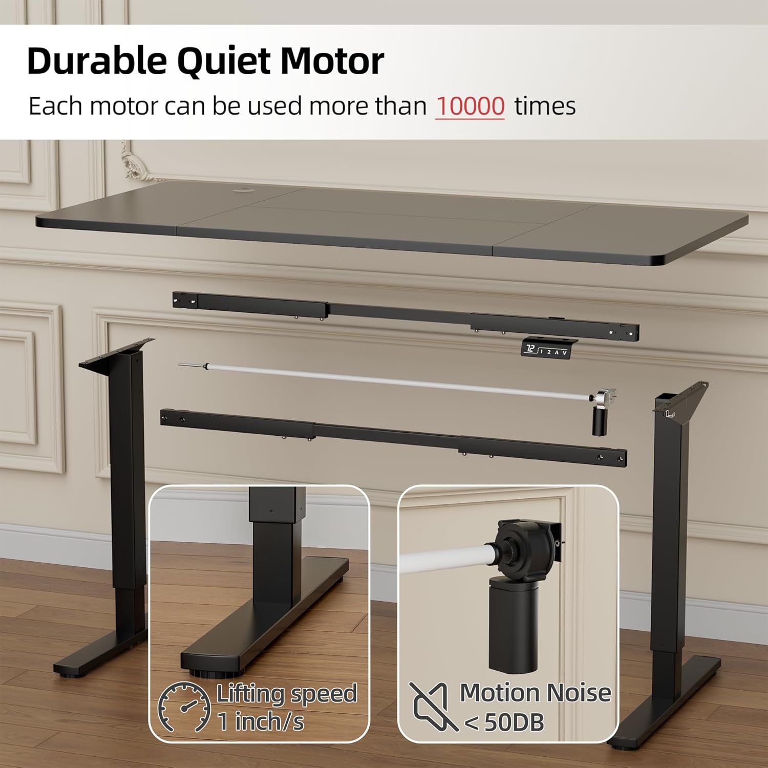 JUMMICO standing desk showing its height adjustment range from 28.4 to 46.5 inches.