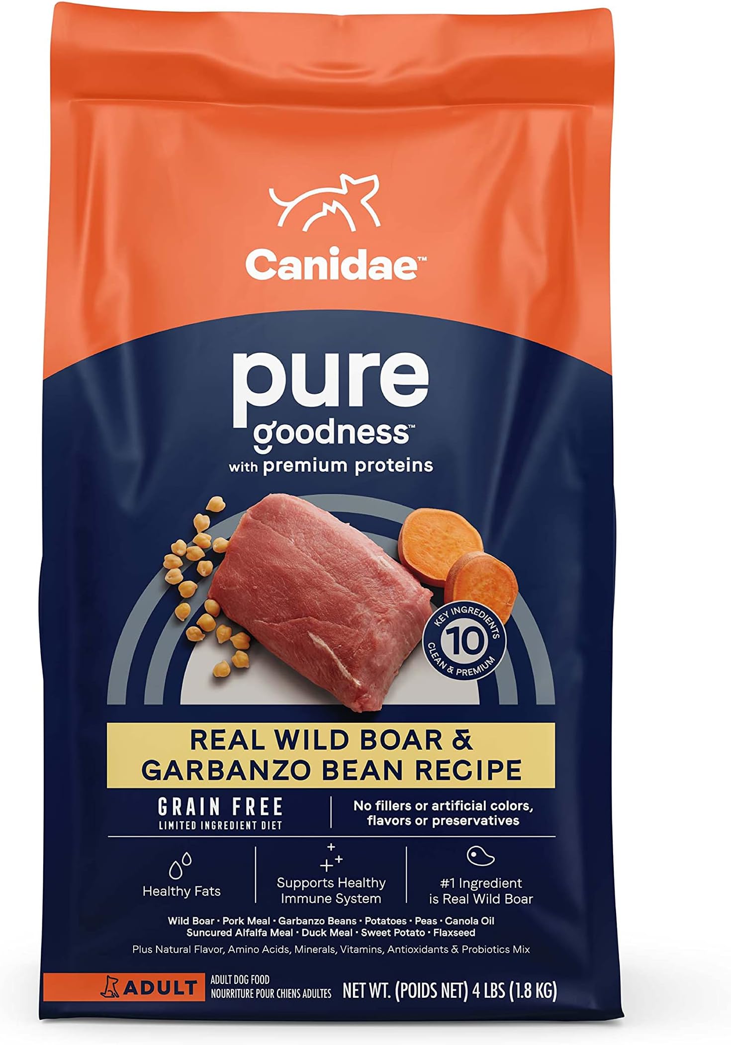 CANIDAEPURE Limited Ingredient Premium Adult Dry Dog Food, Wild Boar and Garbanzo Bean Recipe, 4 Pounds, Grain Free