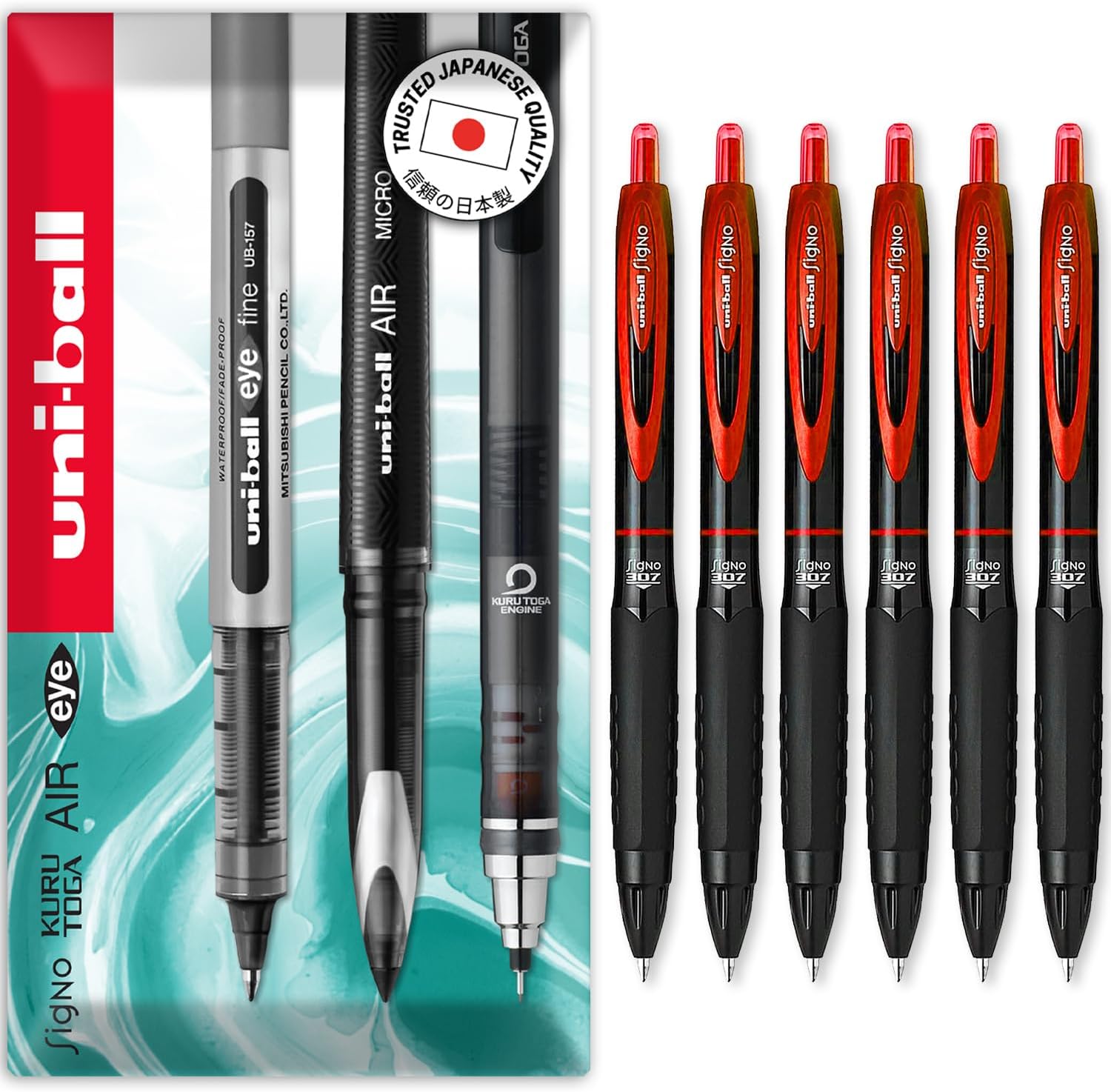 307 Retractable Gel Ink Pens Medium Point 0.7mm Pack of 6 Red Smudge Proof for All Day Smooth Writing Art & Craft