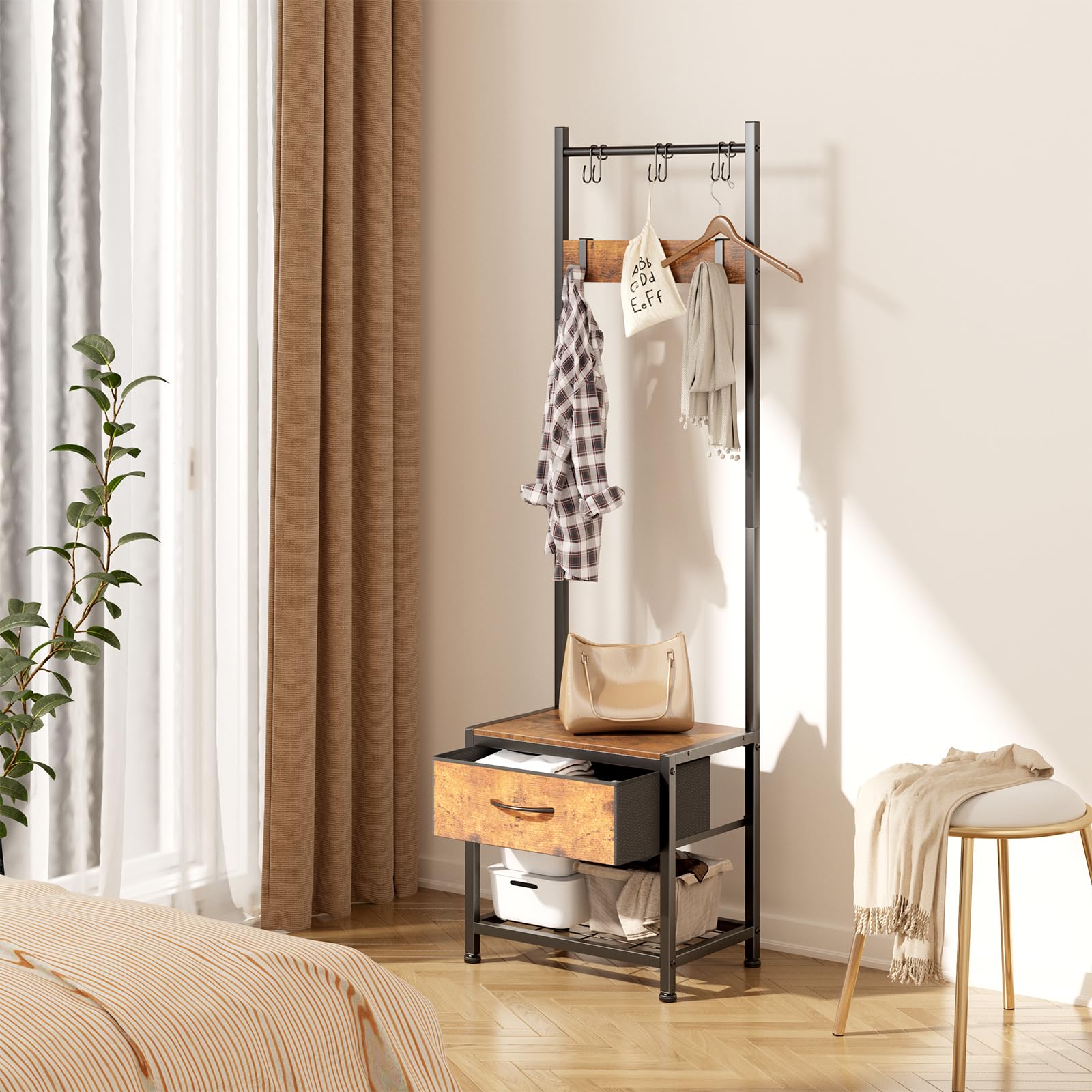 Leader Accesorios Perchero de Suelo Con Zapatero 3 en 1, Estable Con Ganchos Extraíbles para Ahorrar Espacio en el Pasillo y el Dormitorio - Marrón Rústico