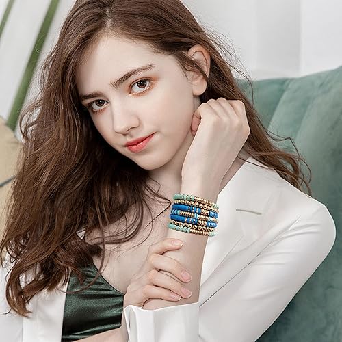 Miniatura 3 de Pulseras de cuentas de arcilla estilo heishi surfista para mujer, con discos de vinilo y dije de mal de ojo, apilables, pulseras elásticas de