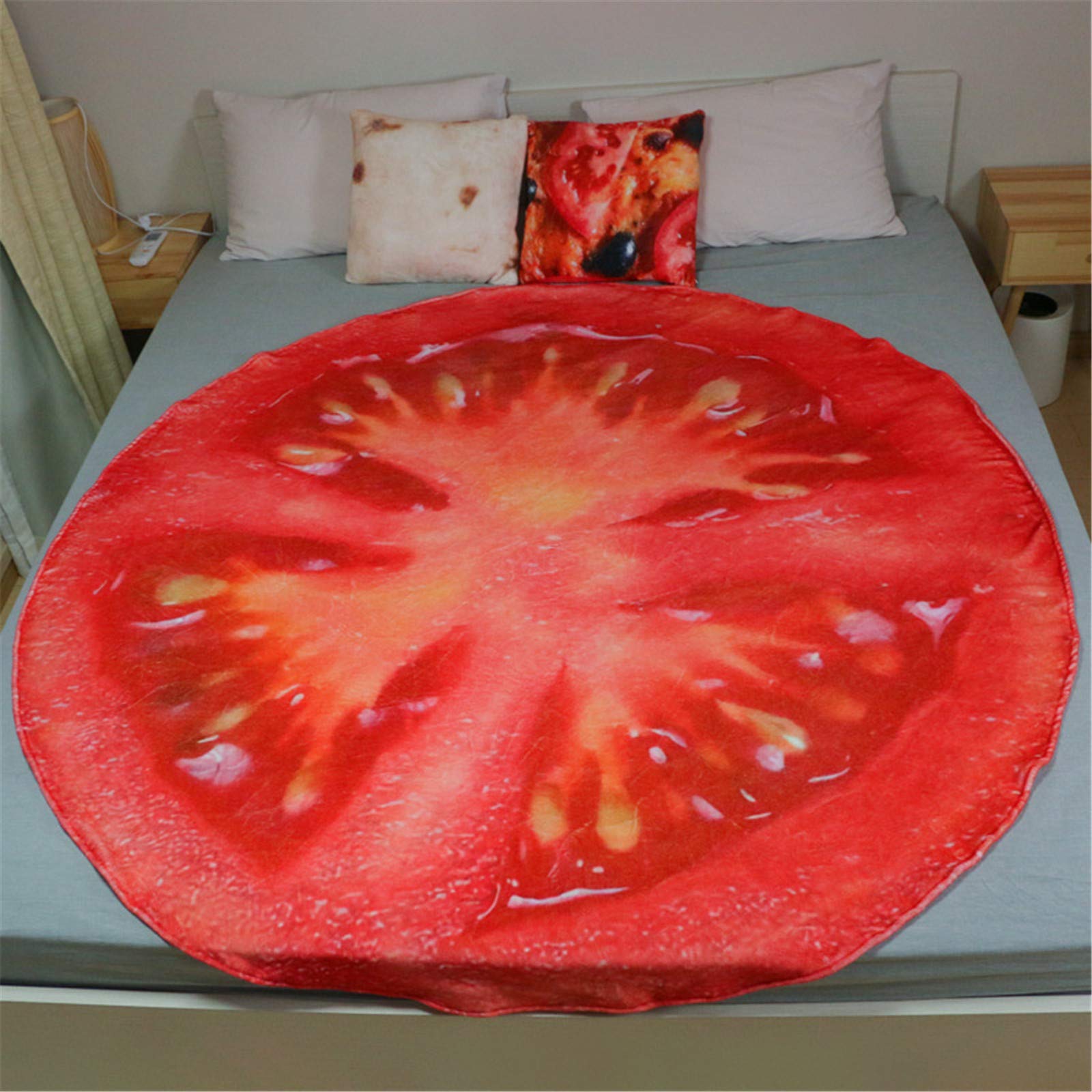 Novelty Flannel Blanket,Food Vegetable Printing Red Green Round, Double/Single Bed Large Plush Blankets, Microfiber for Sofa/Chairs/Bed,tomato,180x180cm