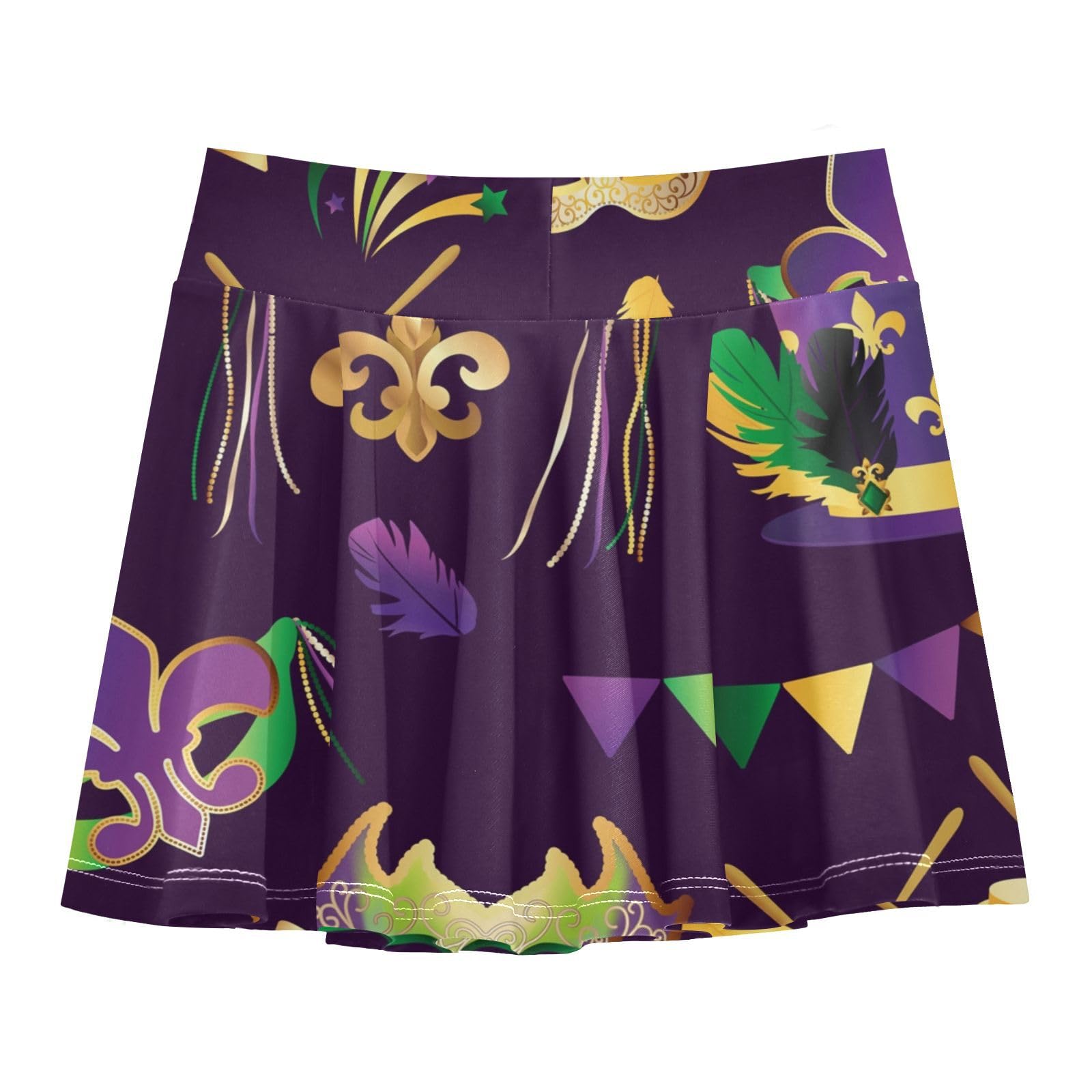 Aflyko Girls Pleated Skater Skirt Carnival Party Fleur De Lis High Waist Cheerleading Dress Dance Skort with Lining Shorts Weekend Date Outfit Short Bottoms, 9-10T Multicoloured