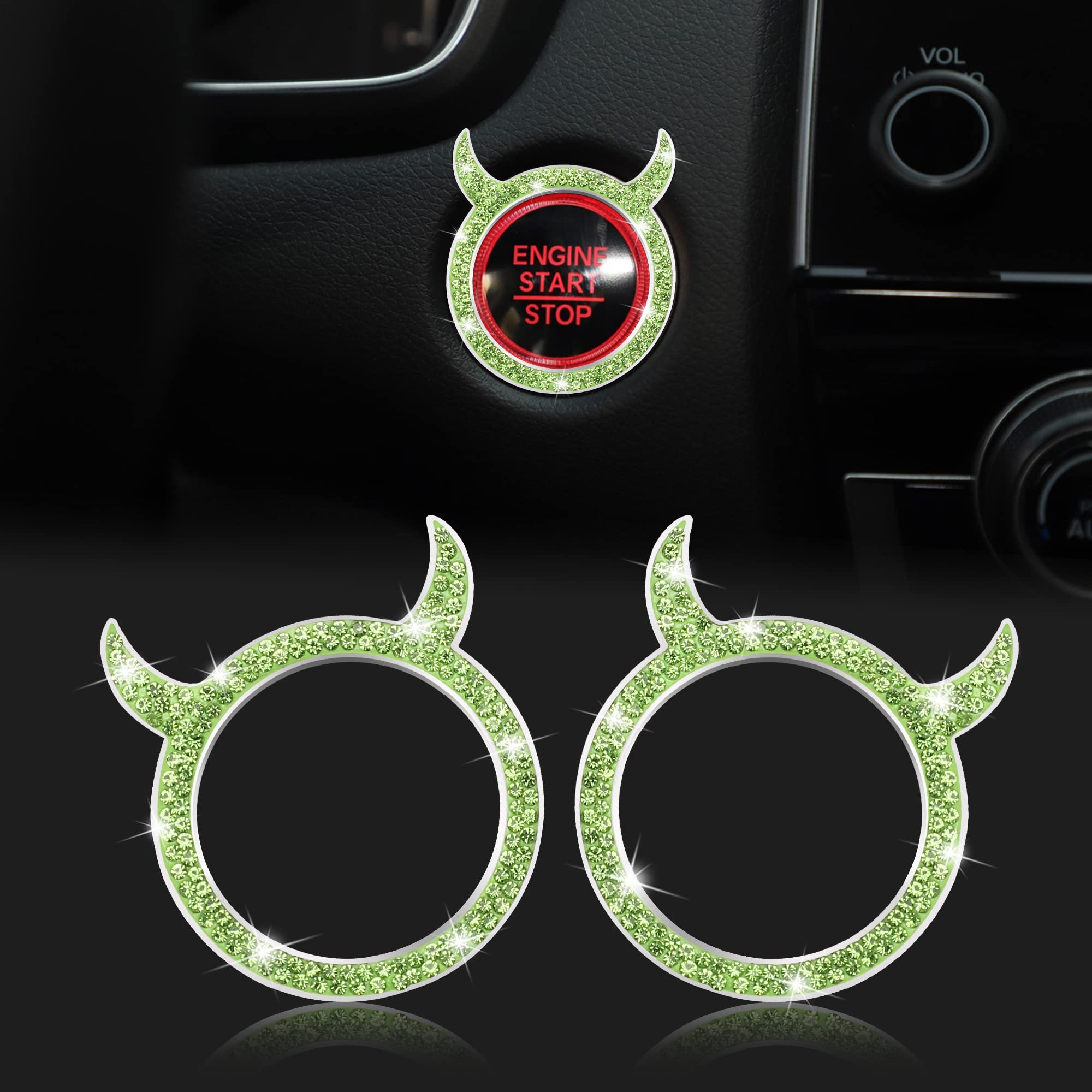 WINKA Bling Car Engine Start Button Cover Universal Push Start Stop Trim Ignition Ring Decorations 2pcs Rhinestone Little Devil Keyless Ring Start