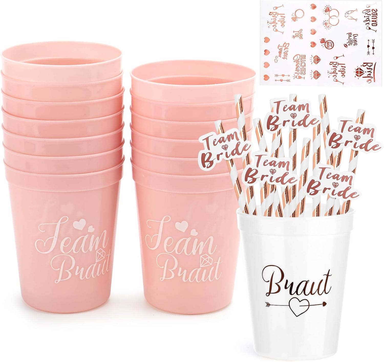 JGA Mug Accessories Team Bride Cups Reusable Bride to be Shot Glasses Bachelorette Party Cups with Straws Stag Night Women Engagement Party Pack of 14