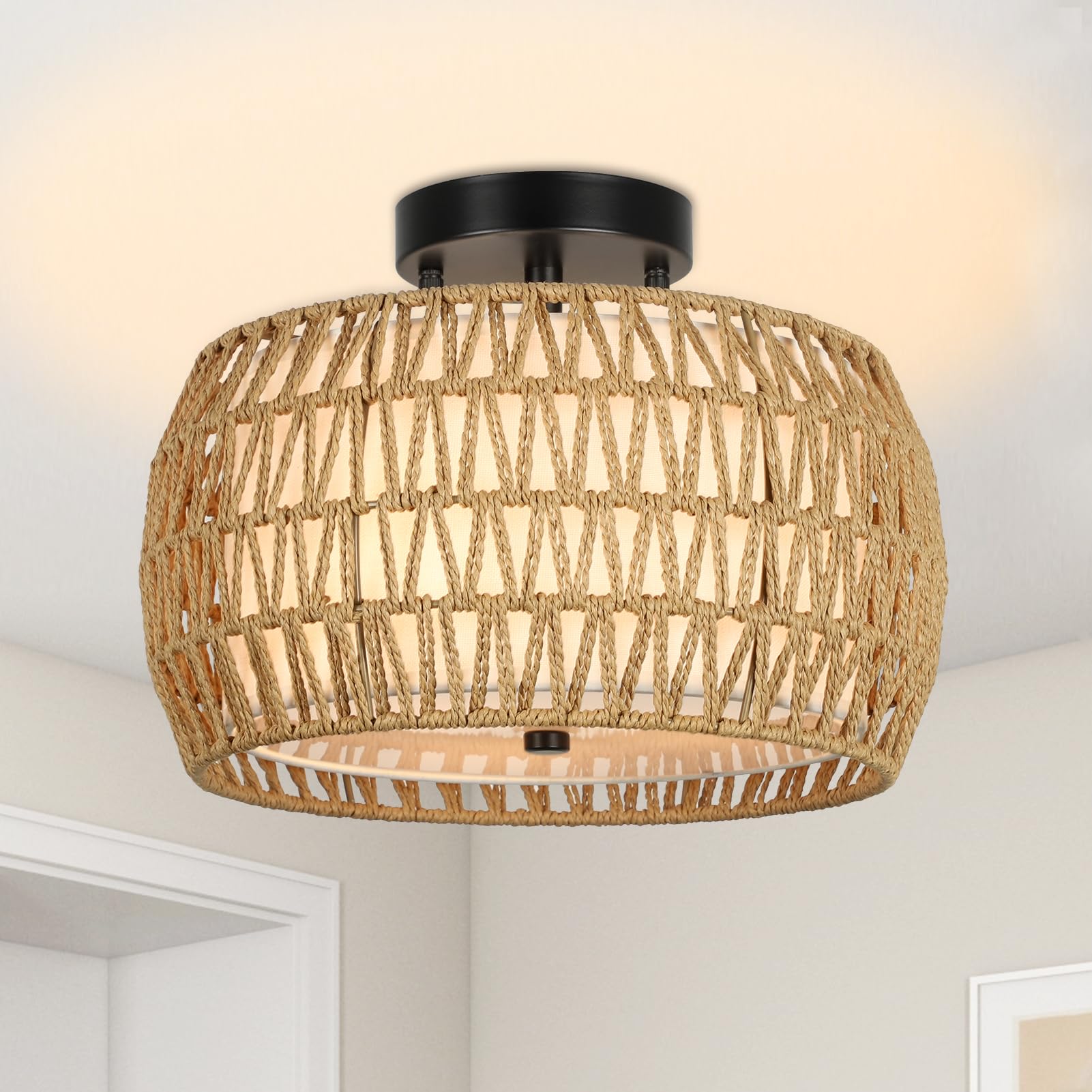 Airposta Boho Light Fixtures Ceiling Mount, Rattan Semi Flush Mount Ceiling Light, Farmhouse Light Fixtures with Fabric Shades, Kitchen Close to Ceiling Light Fixtures for Living Room Bedroom Hallway