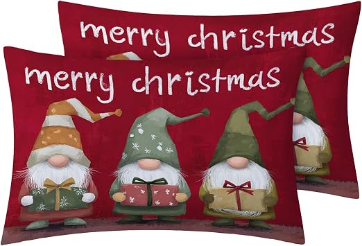 Xmas Gnome Pillow Cases Standard Size Set of 2, Red Festive Merry Christmas Pillowcase for Bedroom Decor & Gift, Reversible Printed Decorative Bed Pillow Covers with Hidden Zipper