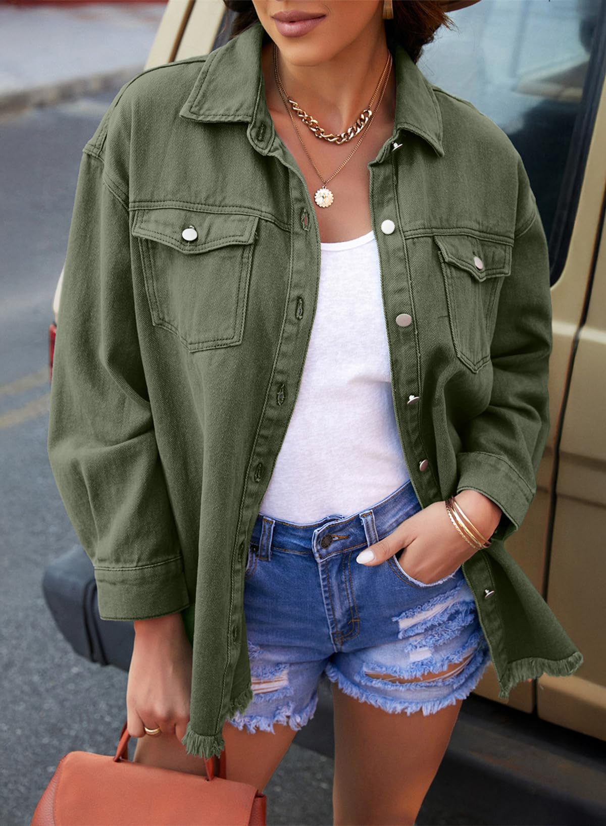 Dokotoo Jeansjacke Damen Übergangsjacke Oversize Jeans Jacken Jeanshemd Distressed Fransen Denim Hemdjacke mit Taschen S-2XL