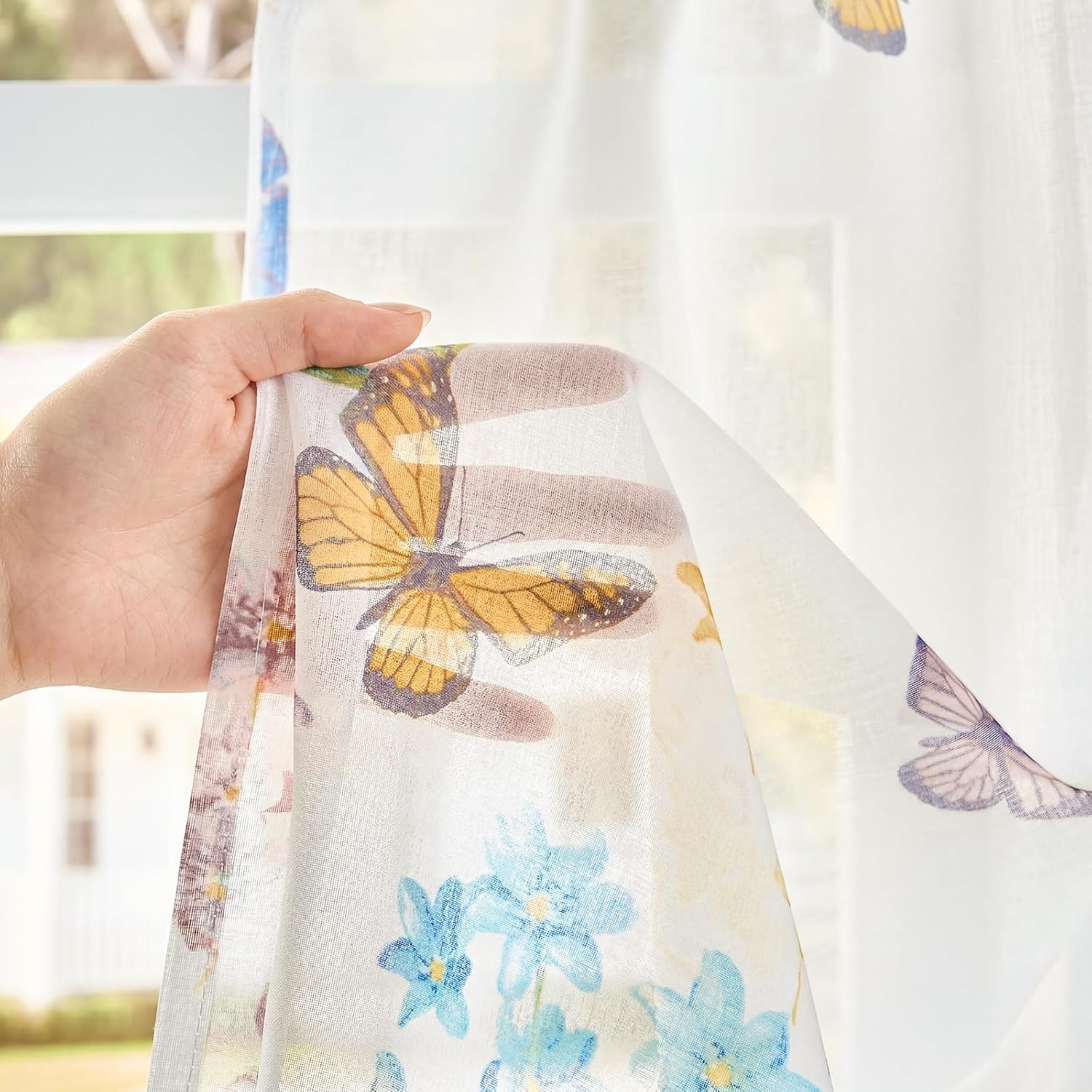 Lazzzy Butterfly Pattern Sheer Kitchen Curtains 36 Inch Length, Cottage Core Cafe Curtains Voile Tiers, Farmhouse Half Window for Bedroom Laundry Living Room Bathroom, Rod Pocket 2 Panels White