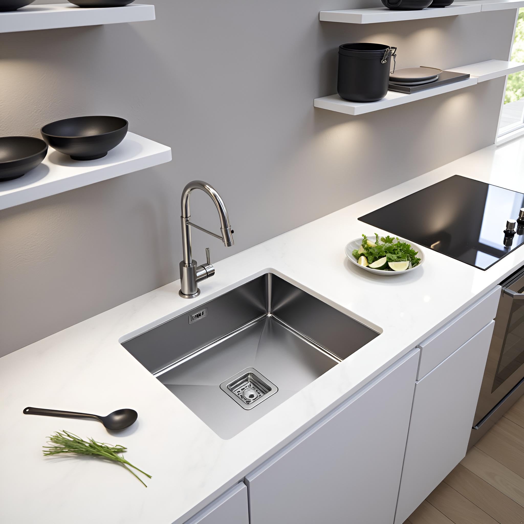 Edesa | Fregadero Bajo Encimera | Modelo MAKALU BE 45x40 1C R-10 | 1 Cubeta Cuadrada | Fregadero de Cocina 20 cm de Profundidad | Ancho de 60 cm | Acabado en Acero Inoxidable
