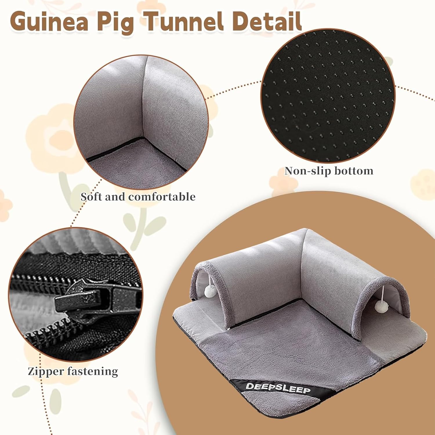 PINVNBY 3Pcs Guinea Pig Hideout Tunnel Tube with Removable Base & 2 Liners and Washable Soft Rabbit Bed & Small Animal Tunnel Tube Cage Accessories for Chinchillas, Hamsters, Ferrets, Bunny（Gray）