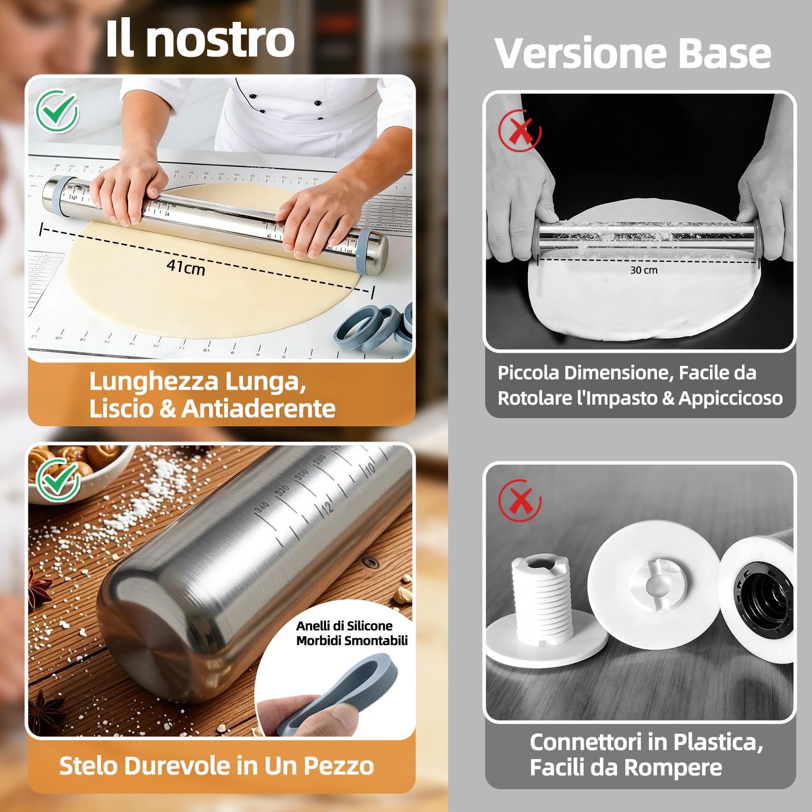 Mattarello con Spessori Anelli Rimovibili in 4 Misure - Mattarello Acciaio Inox, Antiaderente 42 cm con Spianatoia per Impastare e Tarocco, Tutti con Indicatori di Misura - Per Pizza, Pasta, Torte