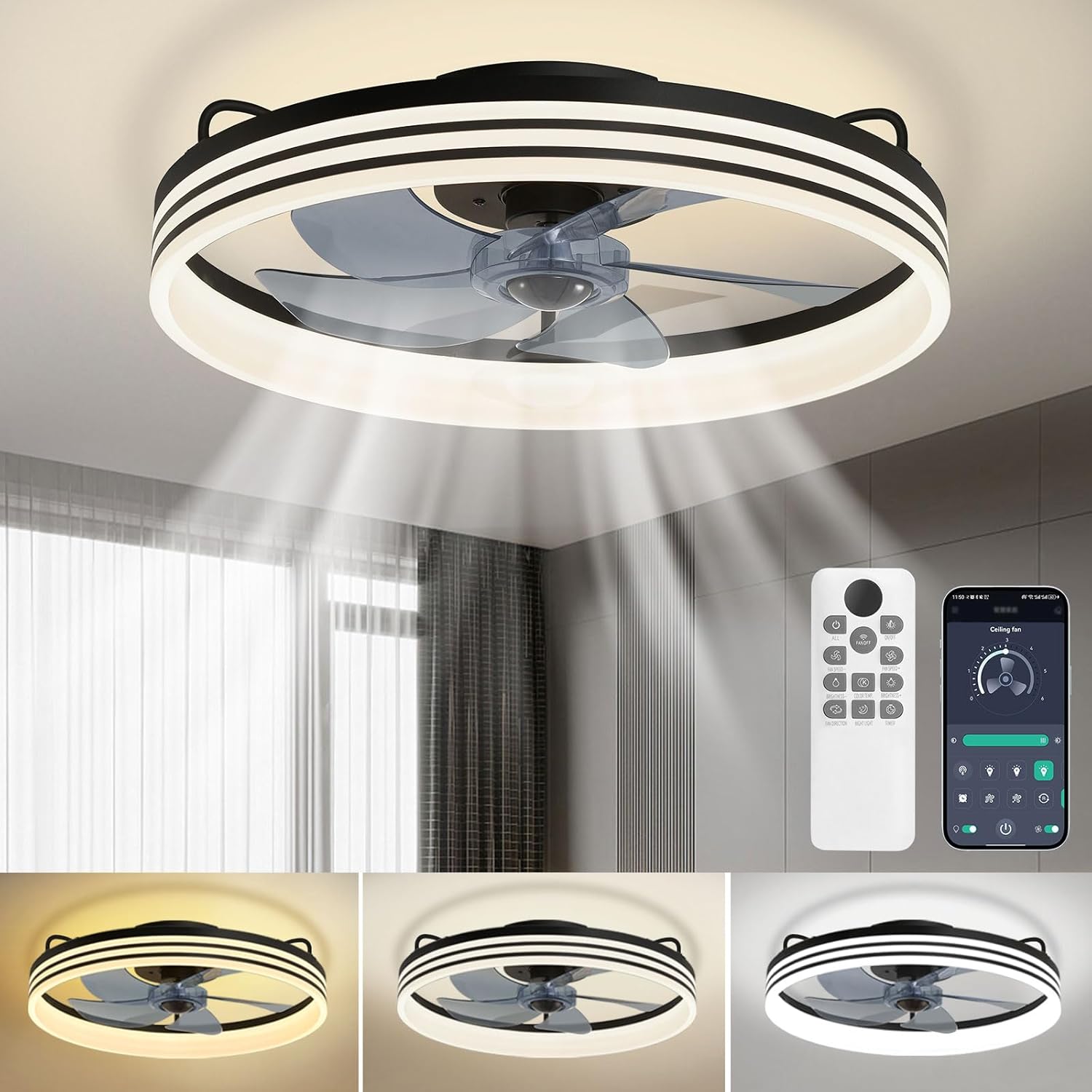Low Profile Ceiling Fans with Lights and Remote, 19.7in Ceiling Fans with Light & 6 Wind Speeds/3000K-6500K Color Temperature, Flush Mount Ceiling Fan for Bedroom, Living Room, Dining Room