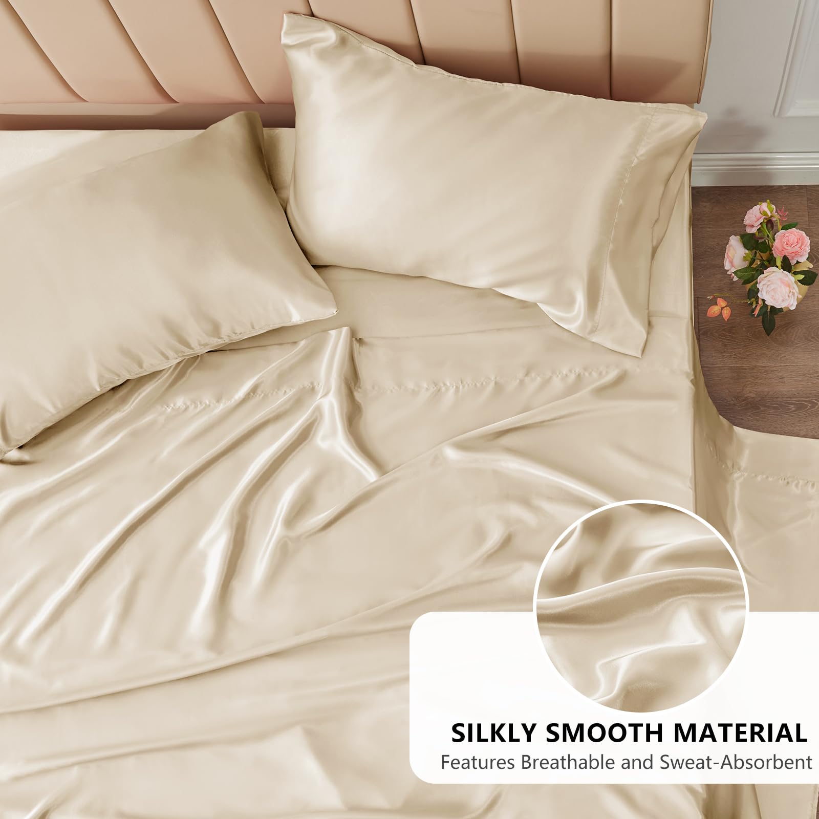 CozyLux Satin Sheets Queen Size Bed Set - 4 Piece Silky Queen Sheet Set, Luxury Sheets with Smooth and Soft Microfiber, Includes 1 Fitted Sheet, 1 Flat Sheet and 2 Pillowcases