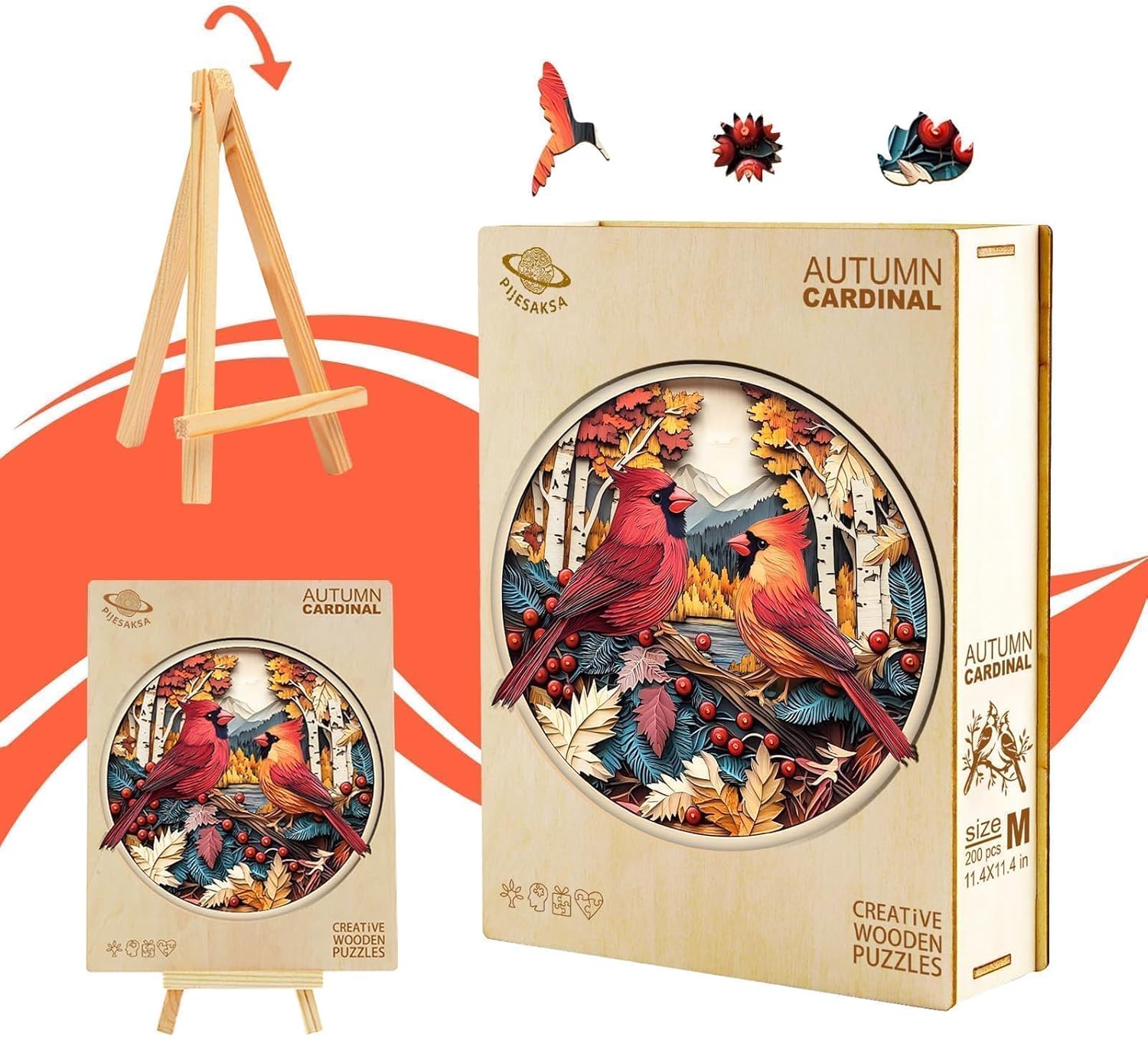 Wooden Puzzles for Adults - Colorful Cardinal Puzzle, Unique Shape Wooden Jigsaw Puzzle, Paper Sculpture Modern Art Home Decor, Wood Puzzles Adult, Good Gift Idea (M-11.4 * 11.4in 200 Pieces)