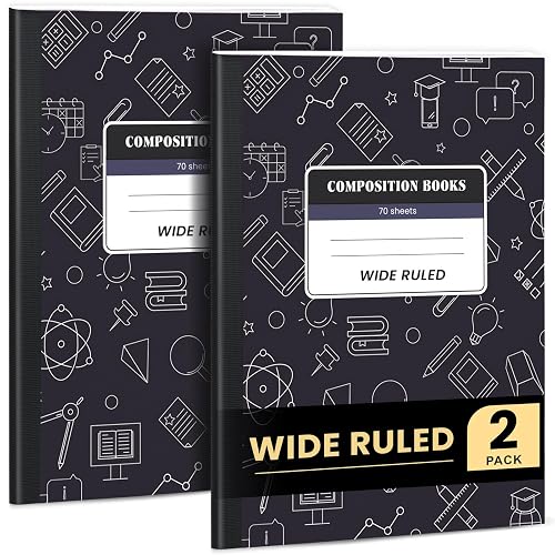 Oucaru Composition Notebook 2 Pack Wide Ruled, Black Cover Notebooks