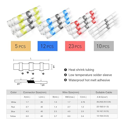 Miniatura 59 de Nilight 50015R - 200 conectores termocontraíbles – Conectores de alambre impermeables – Terminales eléctricos de grado marino automotriz – Kit
