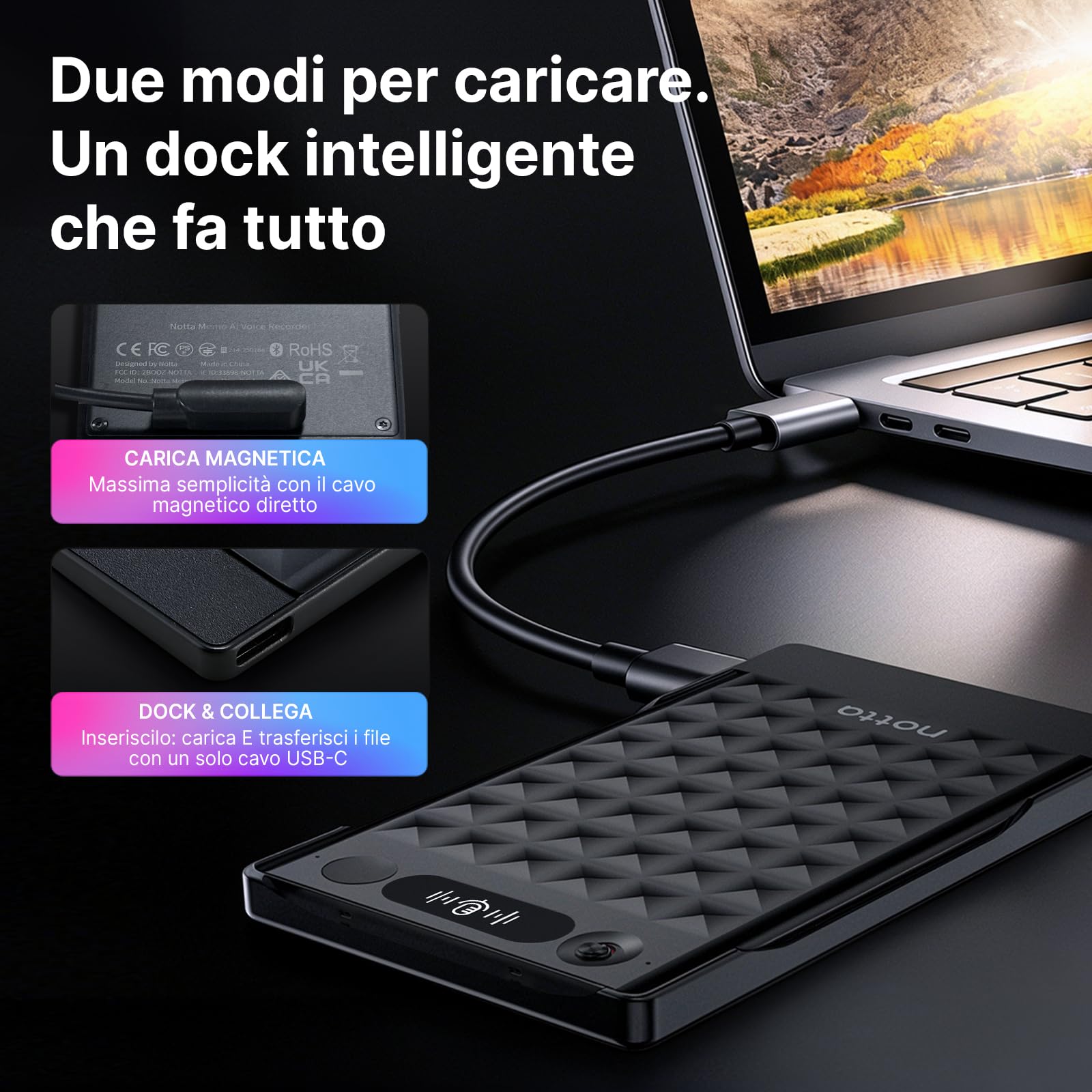 Registratore vocale AI Notta Memo(Nero) con Memo MagBridge, Trascrizione & Riassunto AI 58 Lingue, Memoria 2000h, per Chiamate/Riunioni/Lezioni