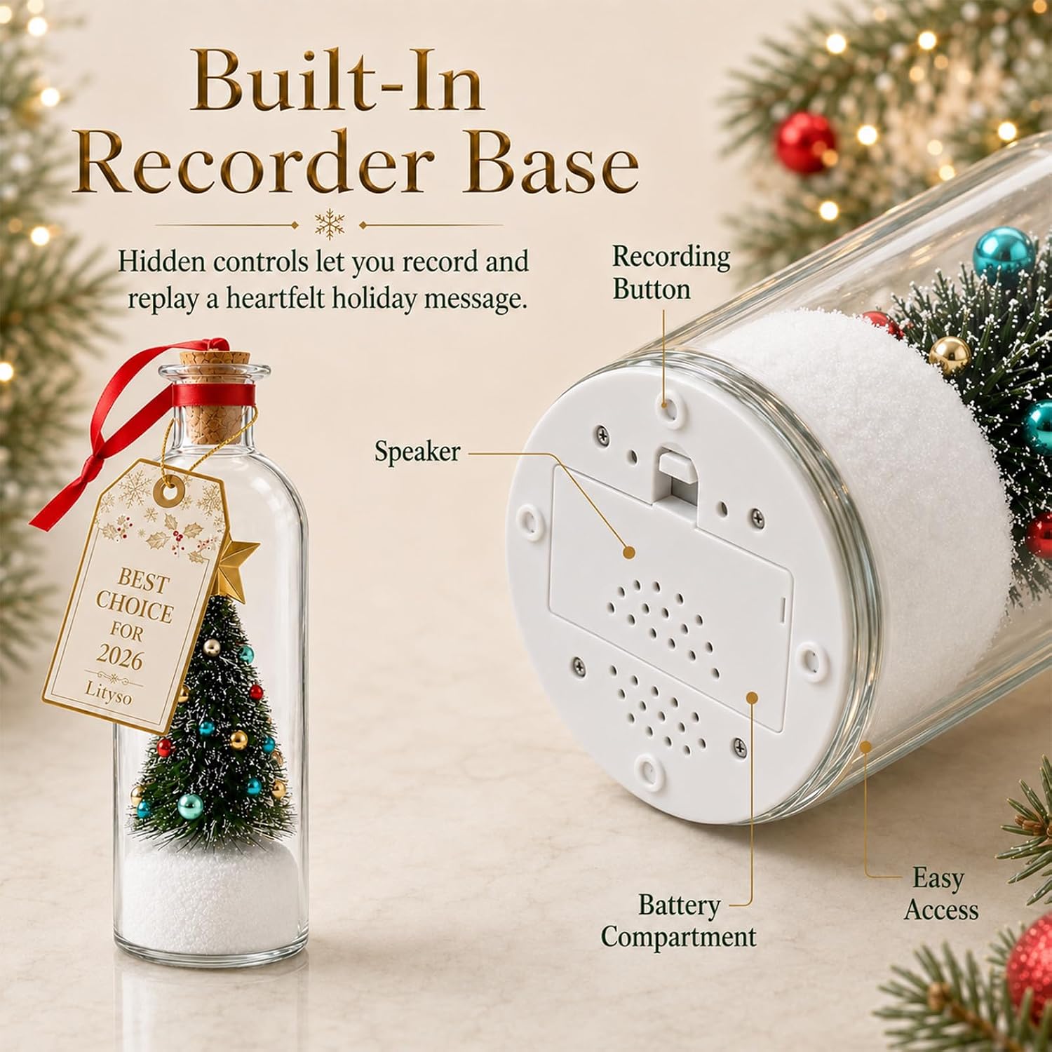 Christmas Tree Message in a Bottle, Recordable Glass Voice Bottle with Nostalgic Snowy Scene Ornament, Playback Cork, Unique Holiday Keepsake & Festive Gift for Family (Blue 3Pc)