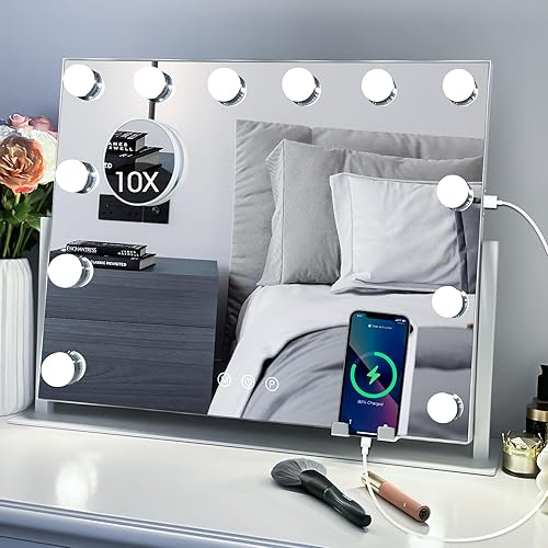 Miniatura 7 de LuxeVue Espejo de tocador con luces, 19.6 x 15.7 pulgadas, 12 bombillas LED, espejo de maquillaje con luces, 3 modos de color desmontable, espejo de