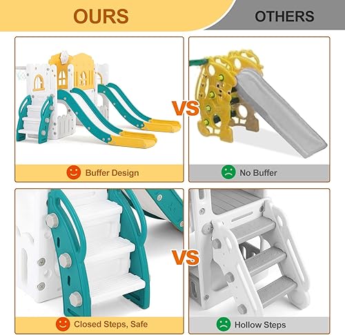 Miniatura 8 de JOYLDIAS Tobogán 9 en 1, parque infantil con toboganes dobles, escalador, aro de baloncesto, túnel, telescopio, espacio de almacenamiento y escalón