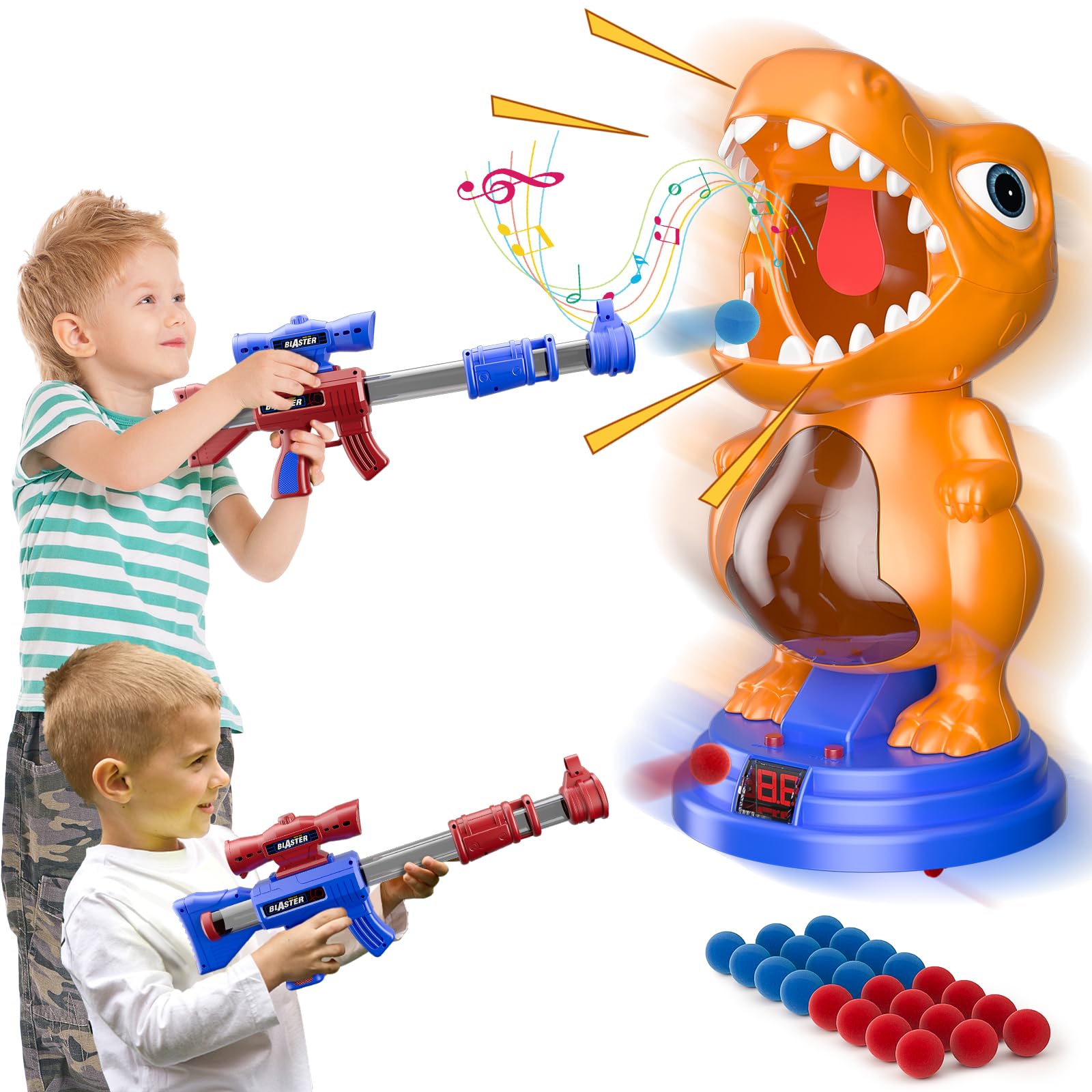 Fygurso Giocattolo sparatutto mobile con dinosauri con 2 pistole a pompa d'aria, giochi di tiro al bersaglio con punteggio LED, luce e suono, 24 palline di schiuma per 3+, regalo per ragazzo (arancia)