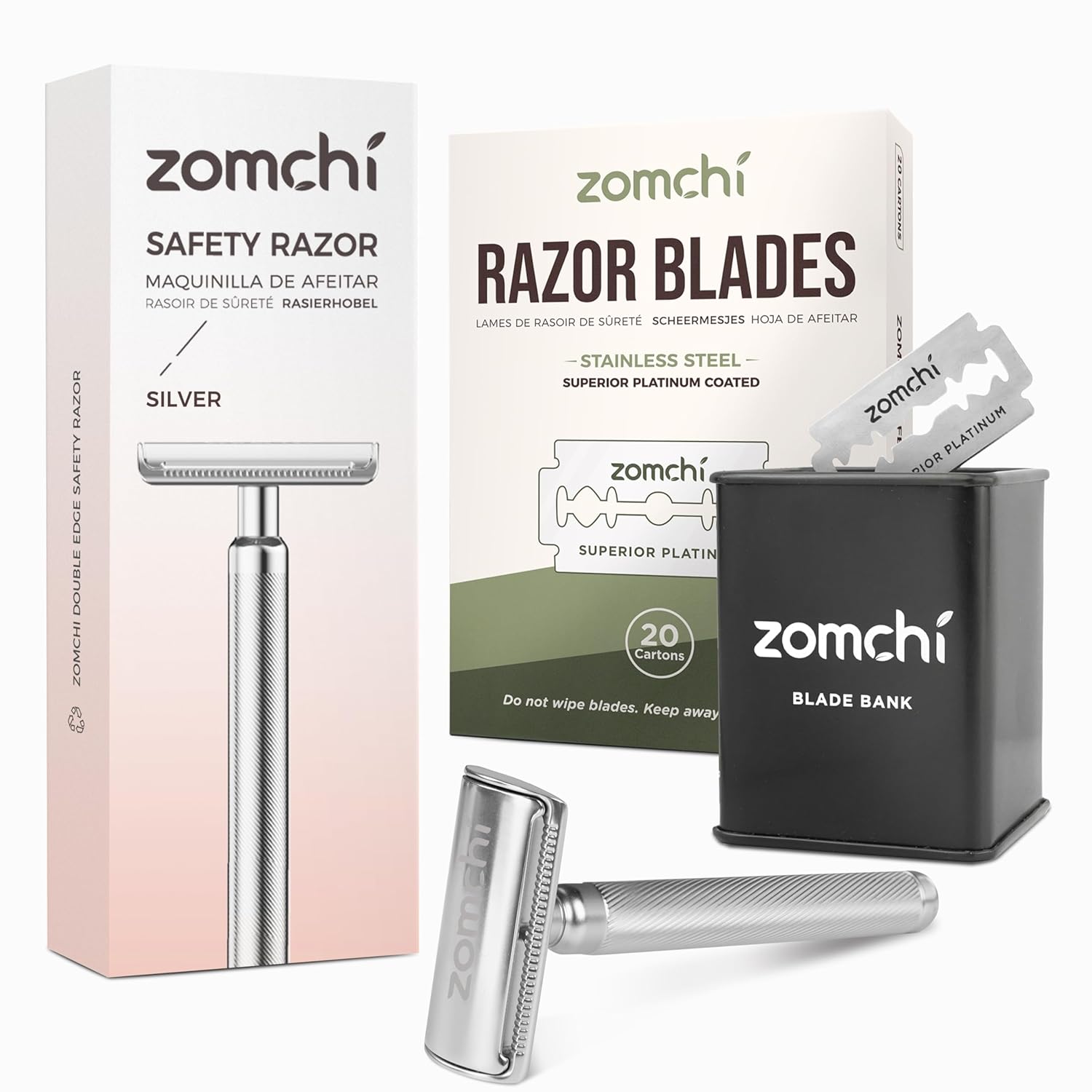 Double Edge Safety Razor with 100 Counts Safety Razor Blades for Shaving and Razor Blade Bank