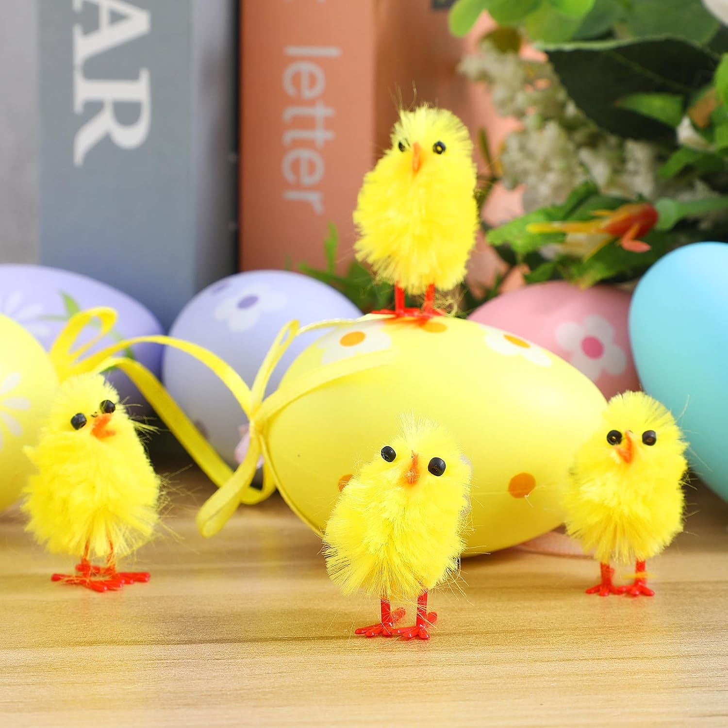 UKCOCO 60pcs Mini Easter Chicks: Simulation Chenille Easter Chickens Figurines Miniature Fuzzy Chick Egg Fillers Party Decorations, Bonnet Hat Crafts