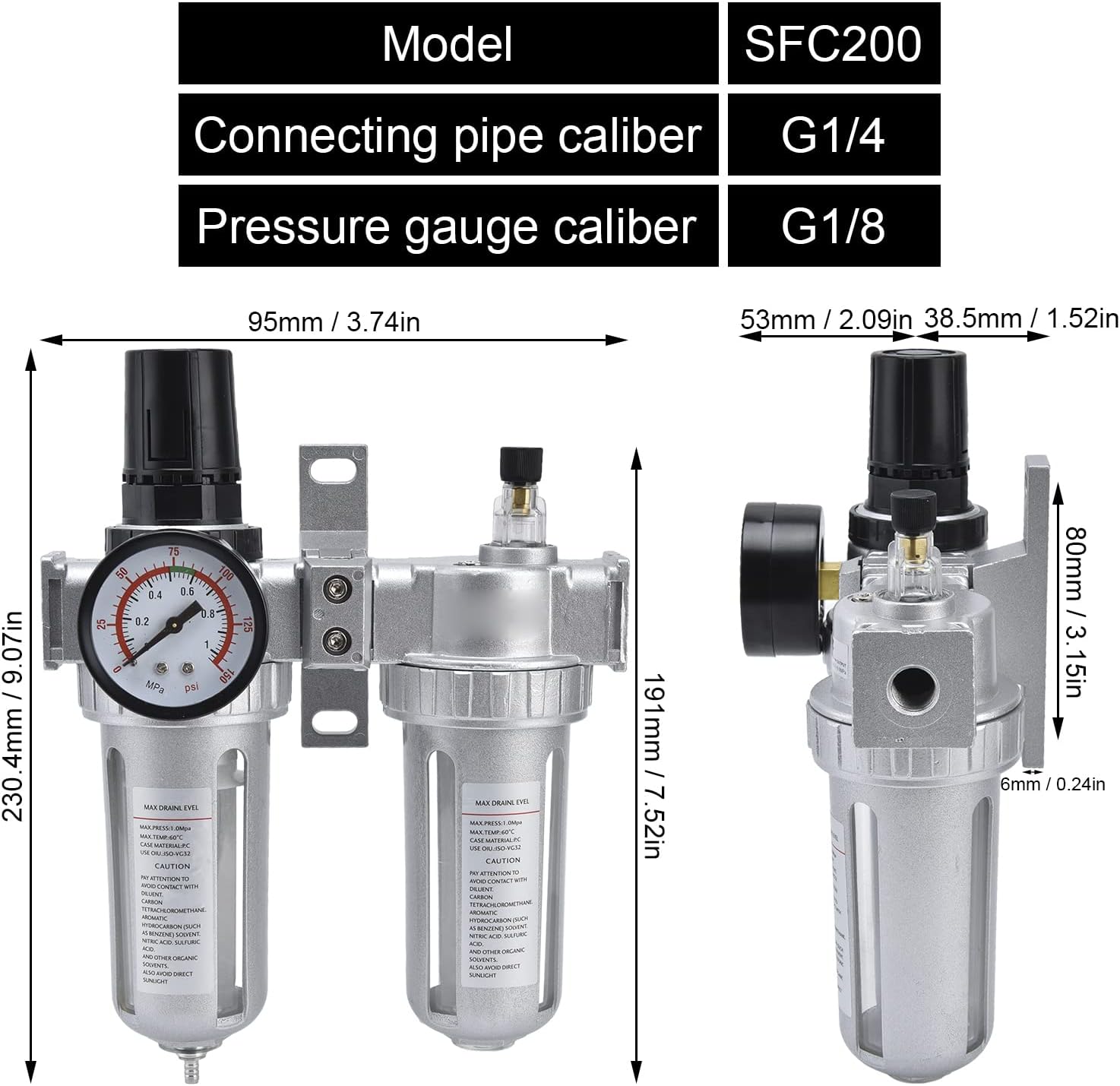 Compressor Filter Pressure Regulator Combo Water Oil Separate Good Airtightness Decompression Compressed Air Filter (SFC200)