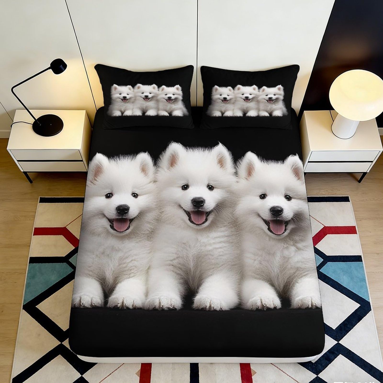 3D Printed White Puppy Fitted Sheet Microfiber Soft Anti-Slip Dog Pattern Mattress Cover for Bedroom Guest Room Decor 200x200x25cm