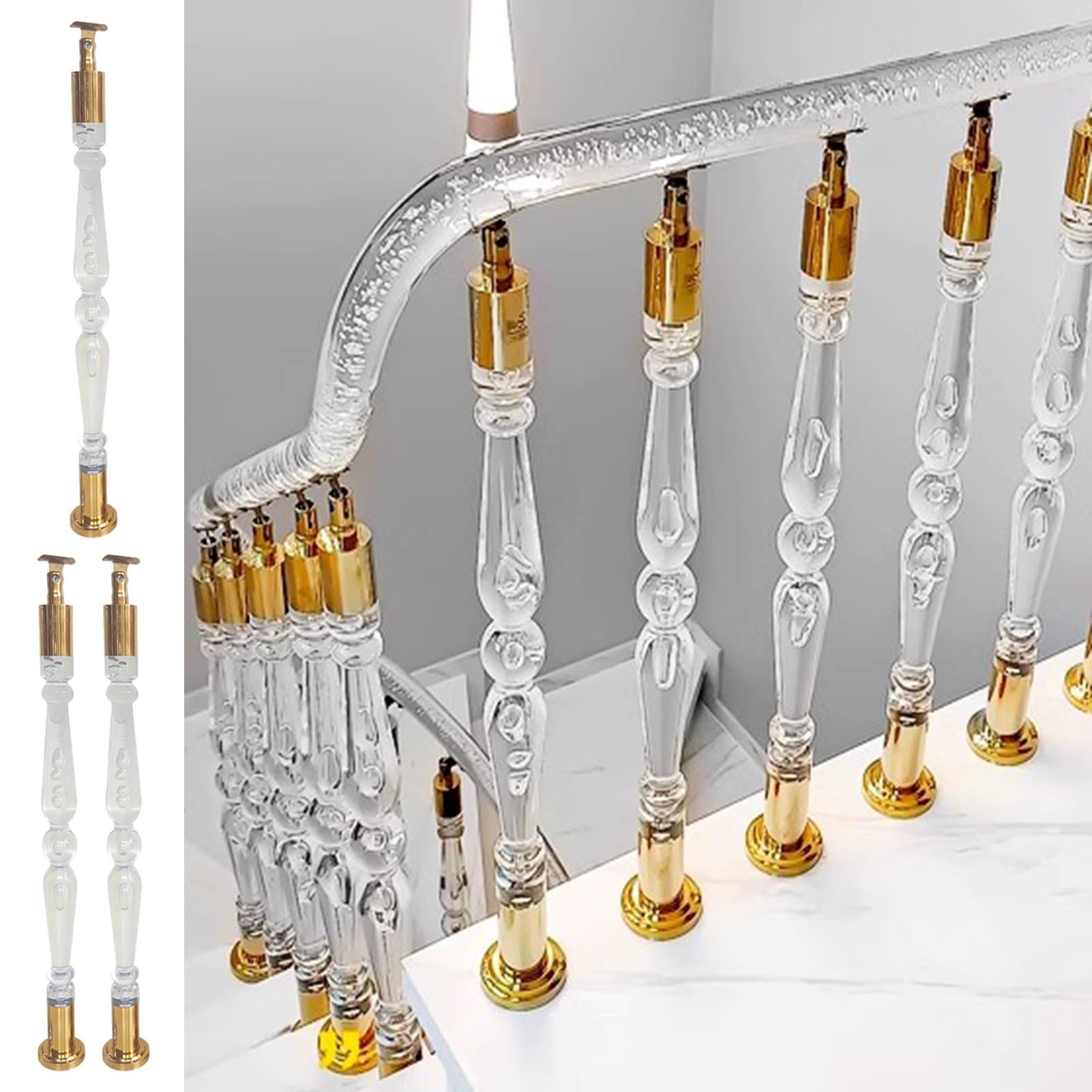 GLDYTVF Modern Acrylic Stair Railing Balusters, Transparent Stair Handrail Post Column, Interior Staircase Baluster Spindles with Gold Hardware(3 PCS,85cm(33 1/2"))