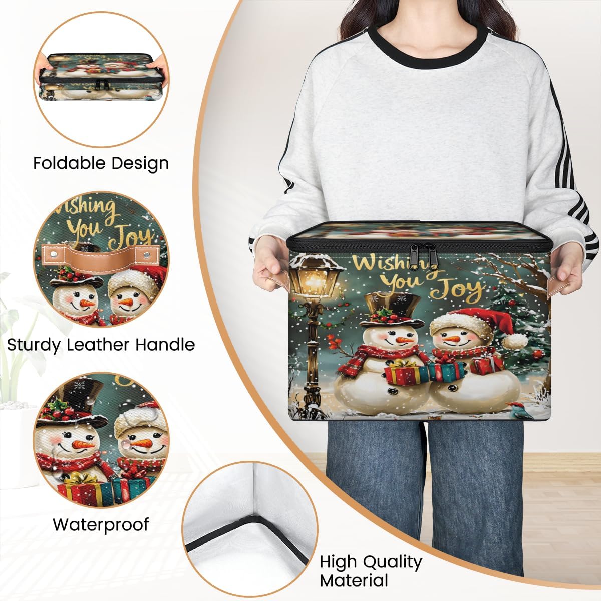 Storage Bin Set of 2 Winter Snowmen Storage Basket with Zipper Lid & Handle Foldable Closet Shelf 2 Pack Cloth Organizer Basket Cube Bins for Bedroom, Nursery