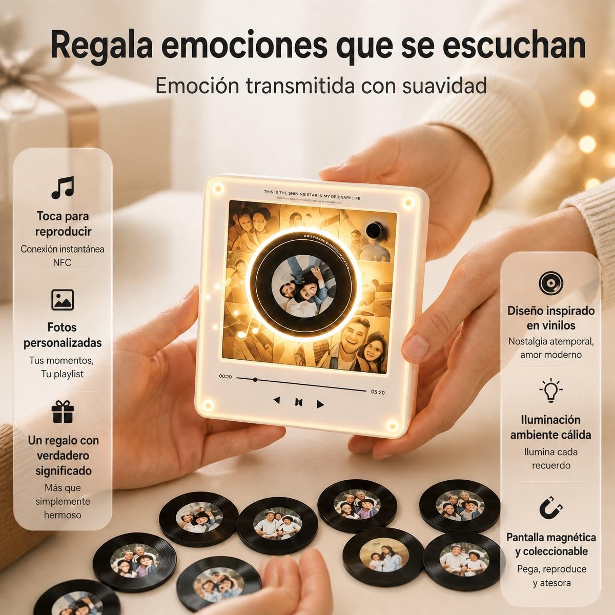 Imanes Personalizados Nevera con Música y Foto Reproductor de Música con 9 Mini Vinilos, Marco Fotos Magnético Luz LED, Caja Música NFC Regalo Aniversario Pareja