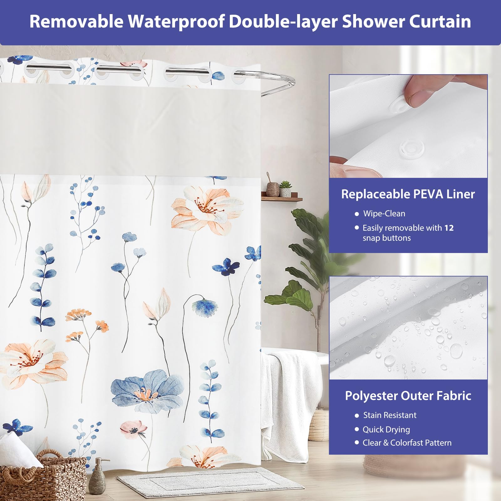 No Hook Rideau de douche fleurale avec pression dans No Hook Rideau de douche fleurale avec pression dans