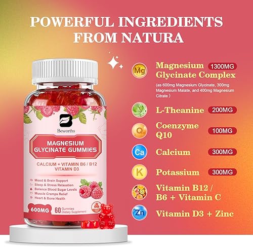 Miniatura 4 de Paquete de 2 gomitas de glicinato de magnesio de 600 mg, suplemento de magnesio complejo malato de magnesio, citrato de magnesio y potasio, apoya la