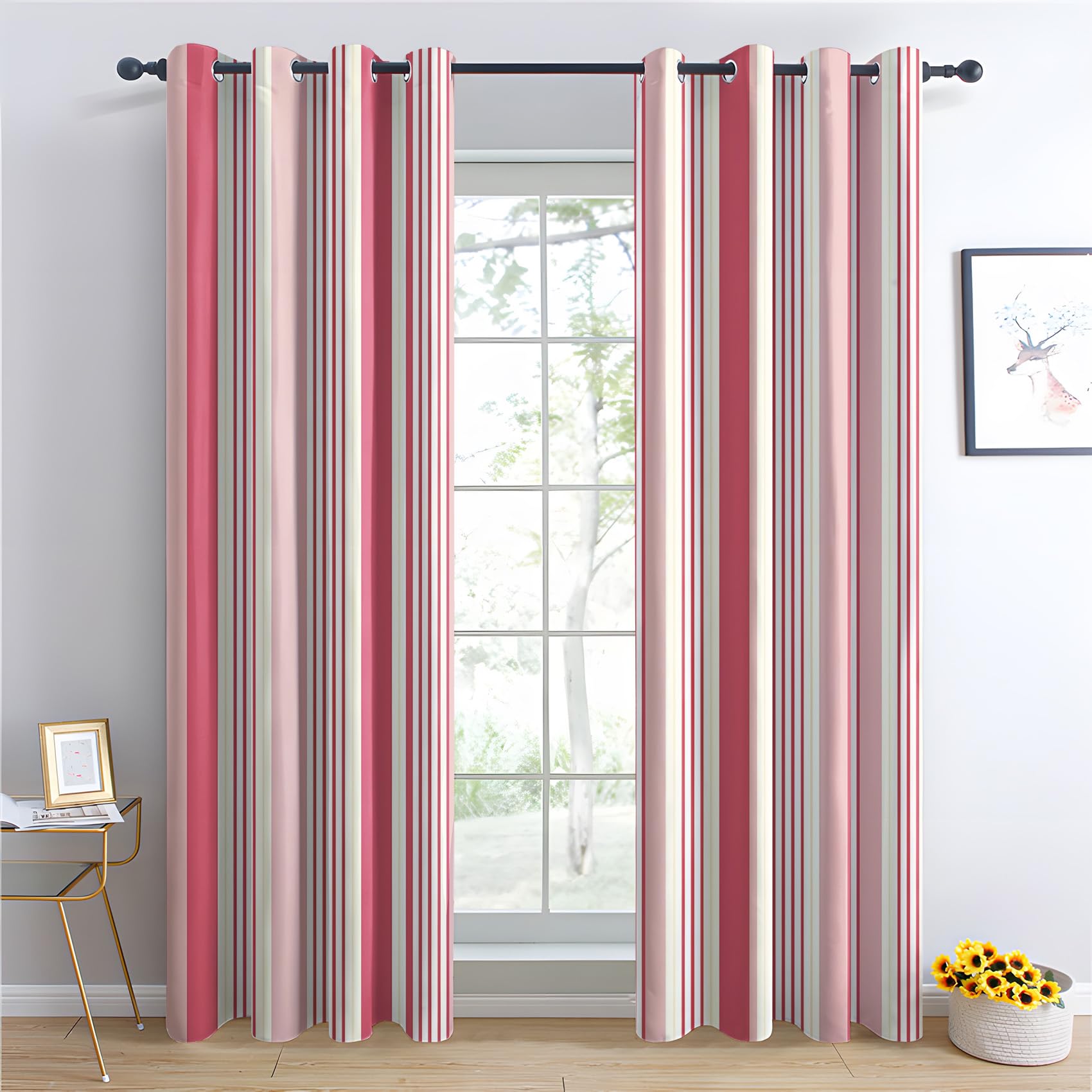 Vorhänge Rosa Gestreift Motiv, Vorhang Blickdicht Verdunklungsvorhänge Thermovorhang mit Ösen, Gardinen Wohnzimmer Schlafzimmer Fenster, 2er Set Curtains, H 220 x B 140 cm