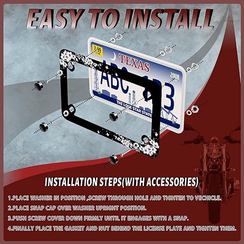 Miniatura 4 de Marco de placa de matrícula de motocicleta de flor de cerezo blanco y negro, soporte de etiqueta de mariposa de acero inoxidable, 4 agujeros,