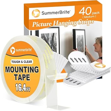 Summerbrite Picture Hanging Strips 40 Strips with 16.4FT Clear Double Sided Tape Heavy Duty for Walls Home Office Decor