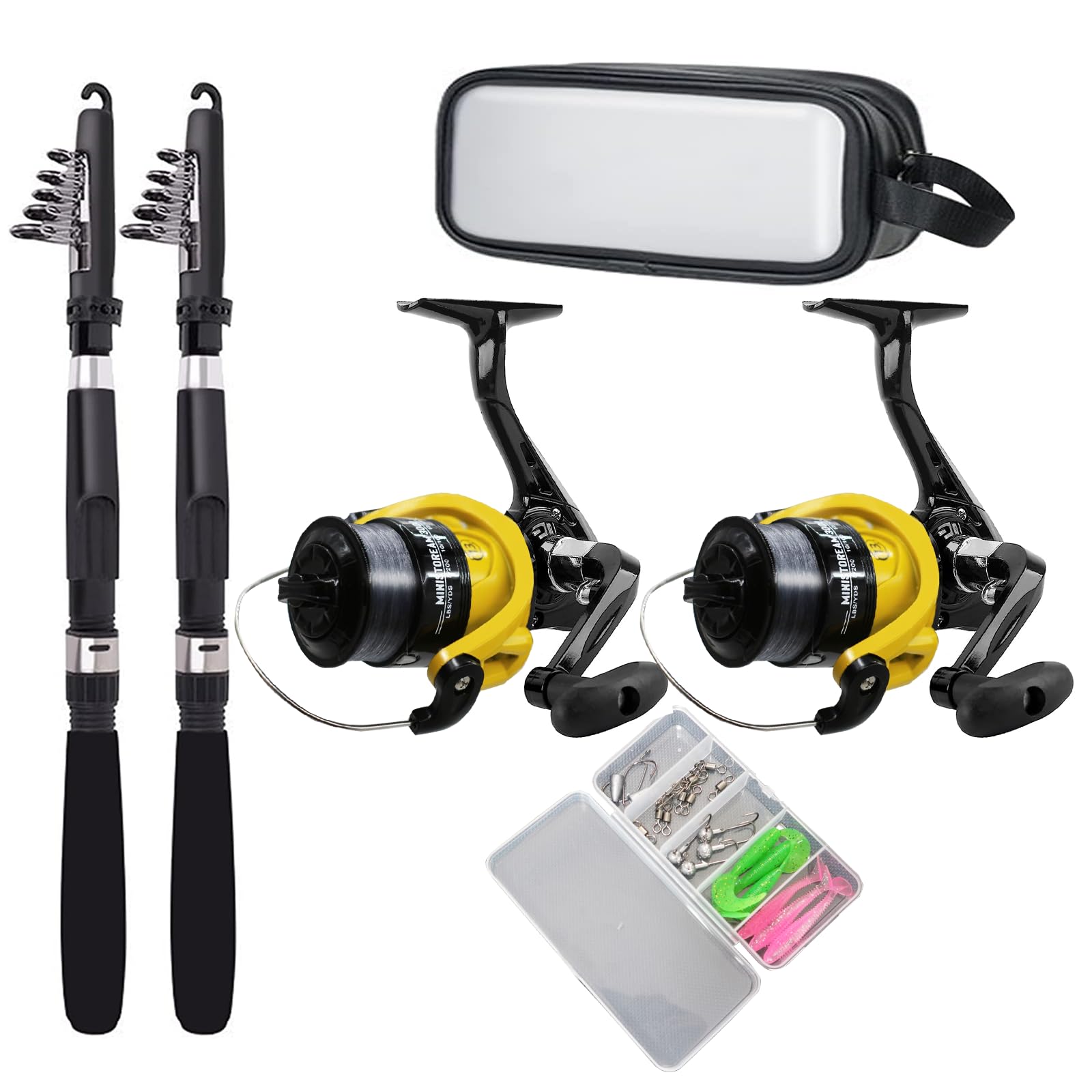 ministoreamFishing Pole Combo Set,1.8m/5.9ft 2PCS Collapsible Rods 2PCS Spinning Reels Lures Set Carrier Bag Fishing Rod Reel Combos