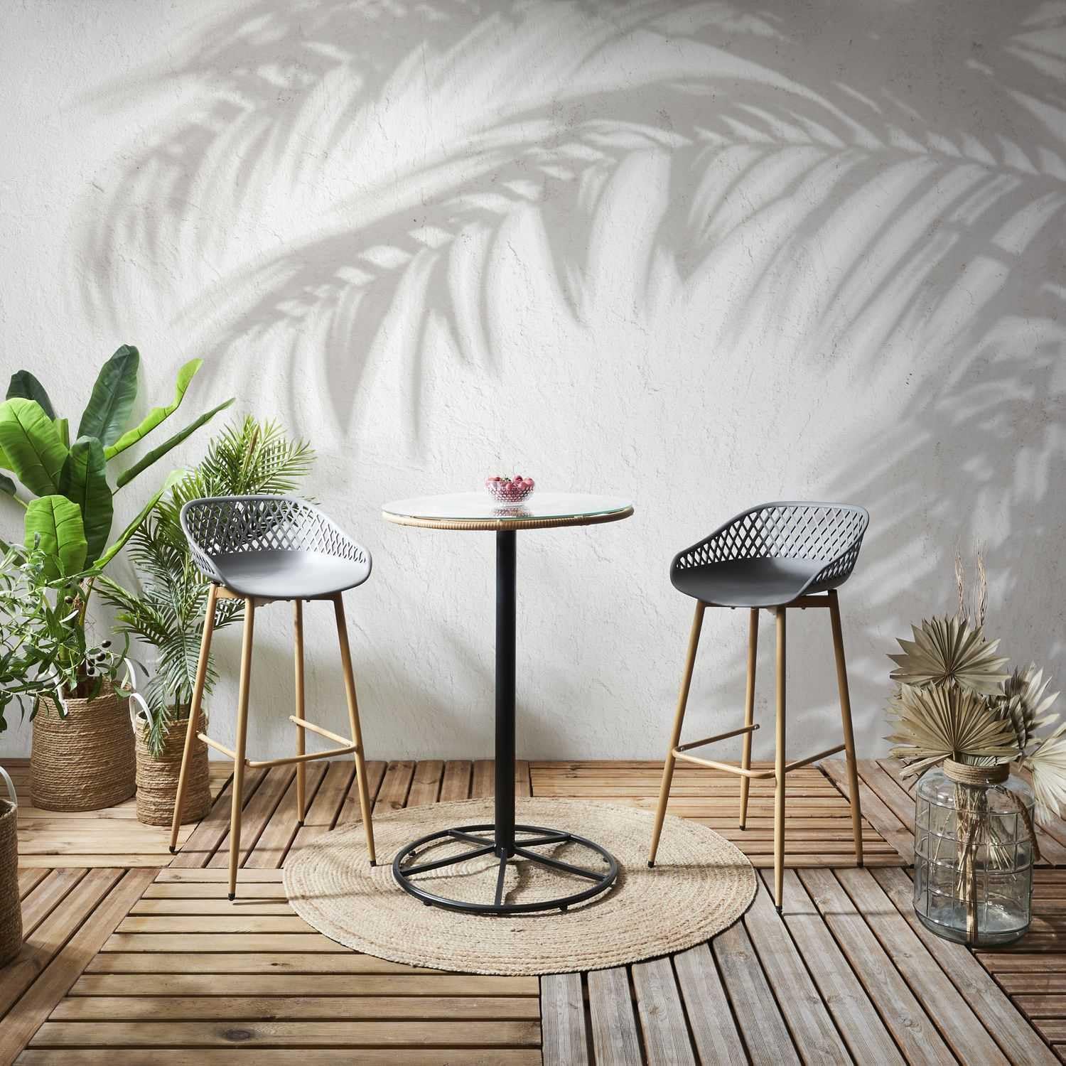 HOME DECO FACTORY Lot de 2 Tabourets de Bar Malaga Extérieur Gris et Marron