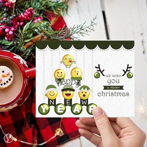 Miniatura 4 de Tarjetas de felicitación y sobres 2023, Feliz Navidad y Feliz Año Nuevo, Emoji de árbol verde, 4.25 x 5.5 pulgadas cuando está plegado (tamaño A2),