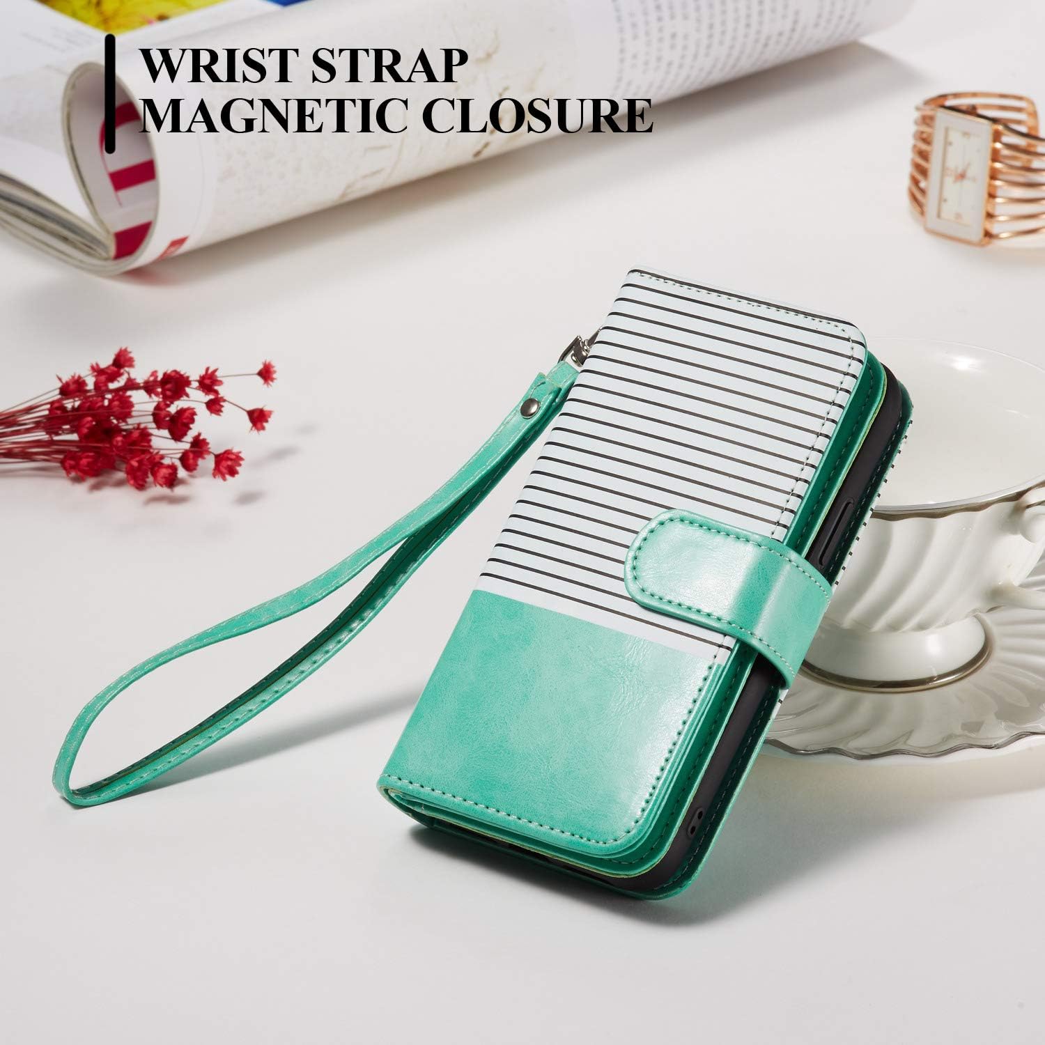 XRPow iPhone X Case, iPhone Xs Wallet Case, [2 in 1] Magnetic Detachable Wallet Case [PU Leather] Folio Flip [9 Card Slot] [Wrist Strap] Durable Protection Back Cover for iPhone X/XS 5.8Inch Green