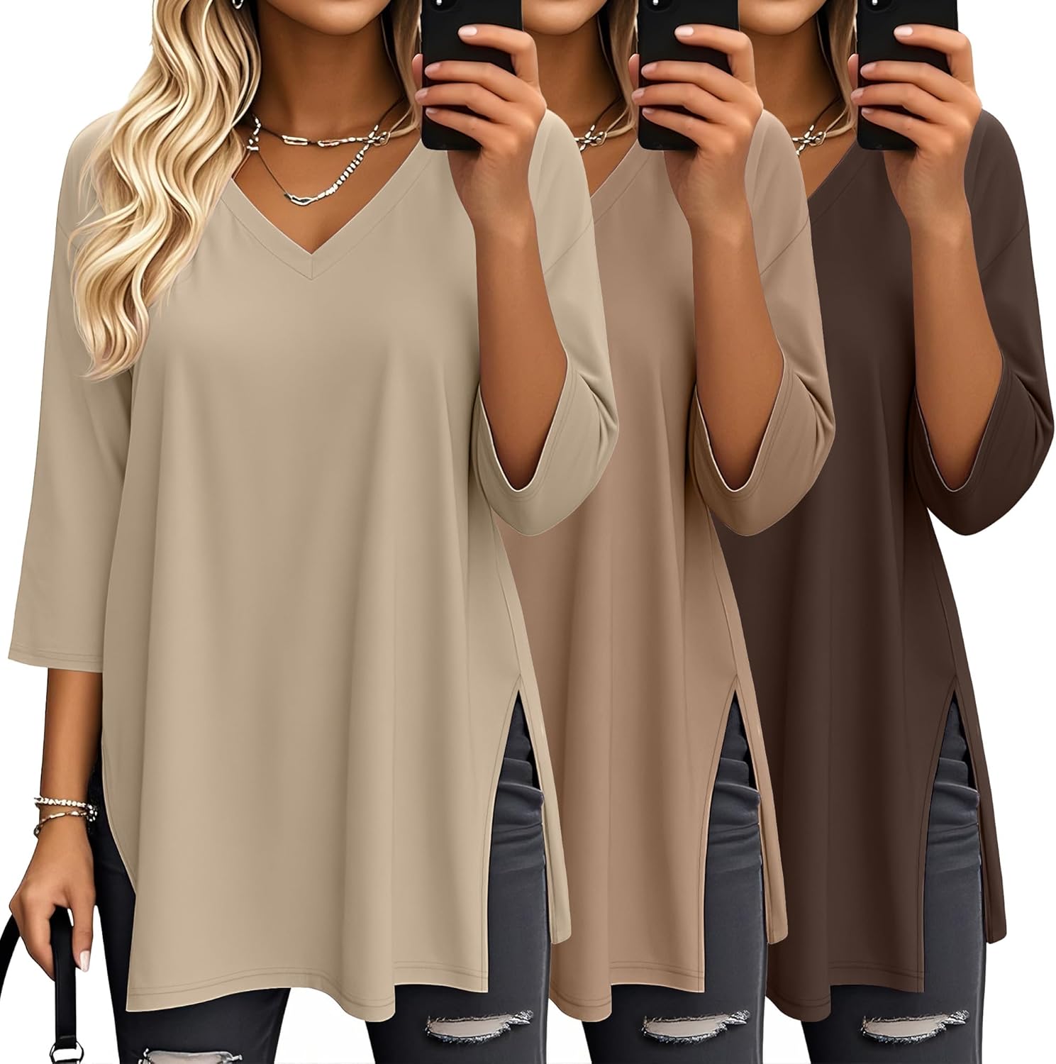 3 Pack Women's 3/4 Sleeve Oversized T-Shirts V Neck Comfy Casual Tunic Tops Knit Side Basic Split Loose Fit Tees