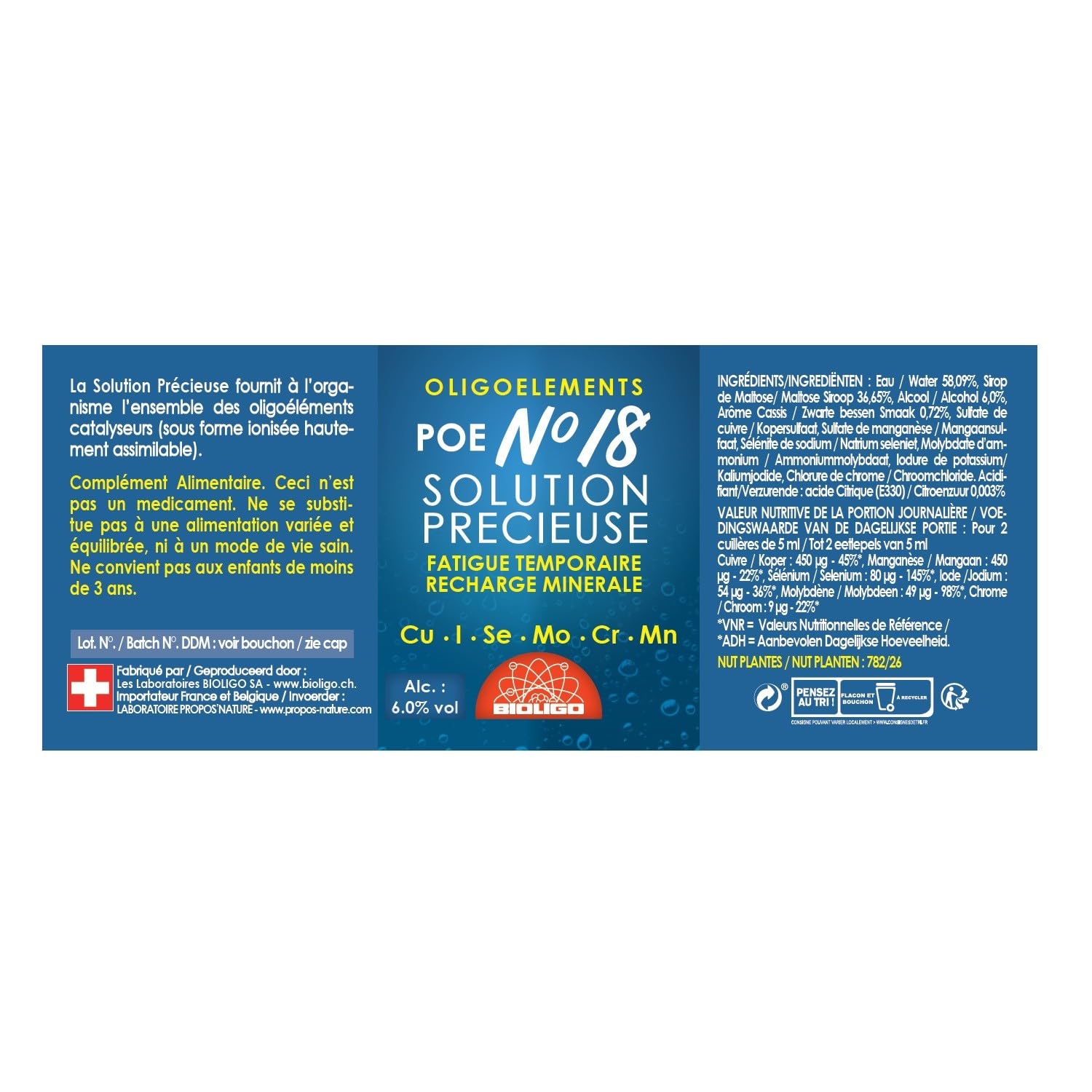 Solution Précieuse - POE N°18 - Préparation riche en Oligoéléments - Cuivre, Iode, Manganèse, Sélénium, Chrome, Molybdène - Fatigue et convalescence -150 ml - BIOLIGO