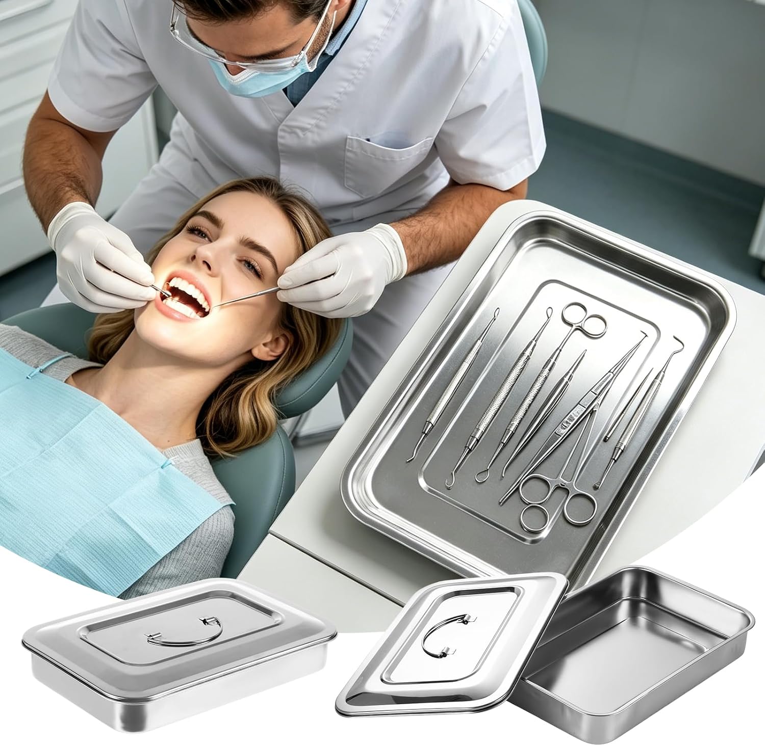 LANIAKEA 3PCS Surgical Tray, 11.2''x7.2''x1.8'' Metal Tray, Stainless Steel Instrument Tray Organizer Holder with Lid and Handle Grip Medical Surgical Tray for Baking, Dental, Lab Instrument Supplies