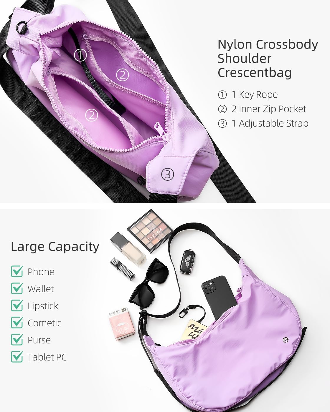 Titosha Medium Nylon Crescent Crossbody Bag for Women with Extended Adjustable Shoulder strap - Image 7