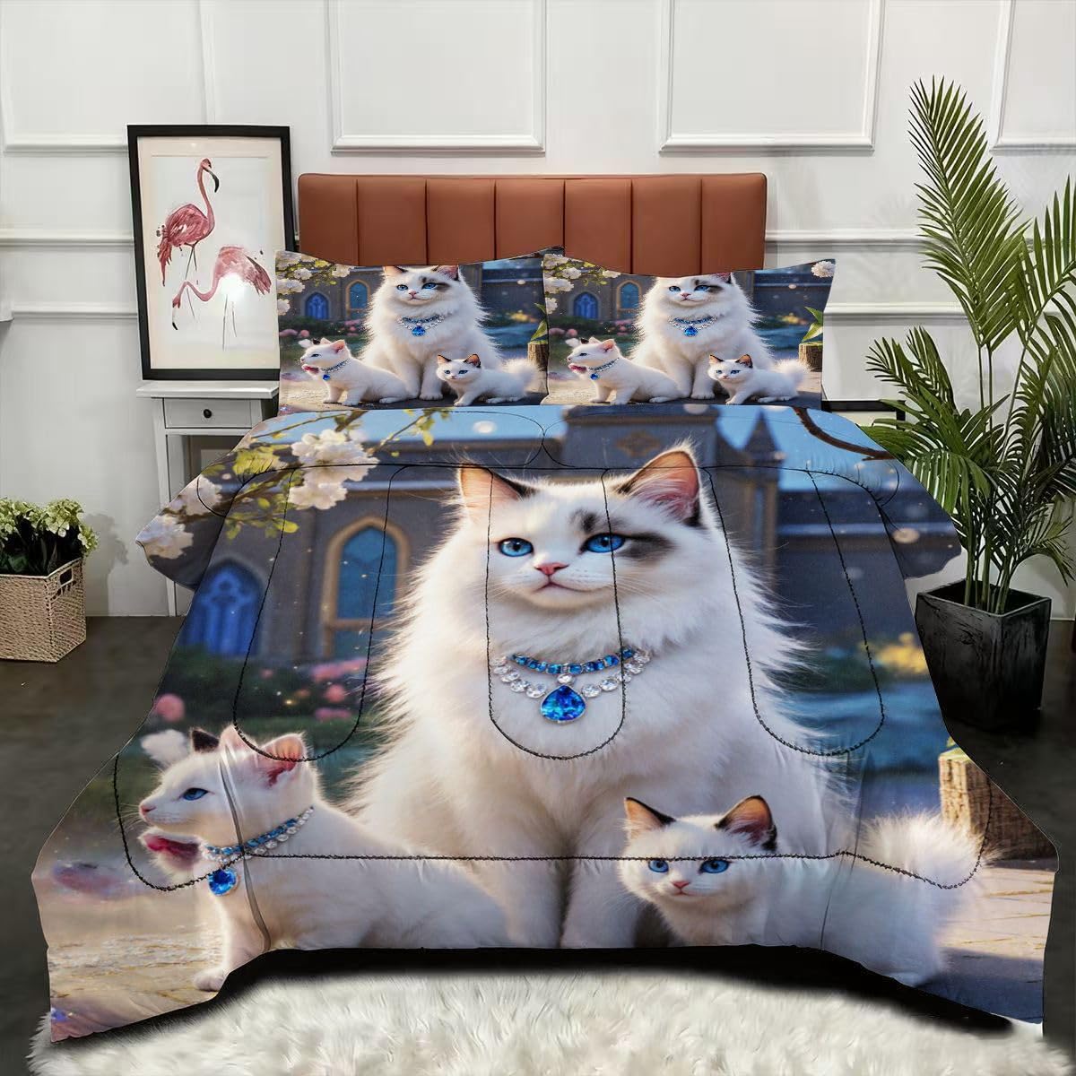 3 sztuki Kołdra 220 x 240 cm Dziecko Biały kot, Versátil Kołdra 4 pory roku 2 poszewki na poduszki 65 x 65 cm, Estilo Moderno Dwustronna Poszwa na kołdrę Sin Para 2 osoby_20161a