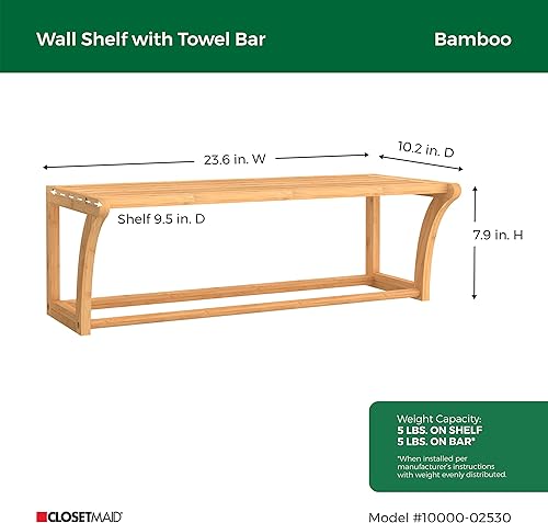 Miniatura 3 de ClosetMaid Estante de pared de bambú con toallero, estantes de almacenamiento de montaje en pared, estante organizador, acabado natural